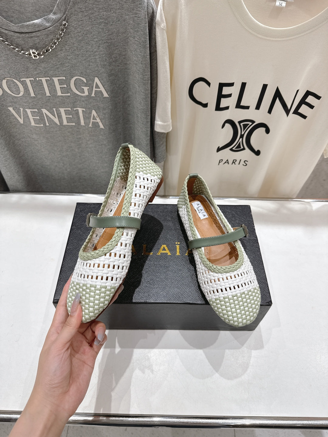 ALAIA MARY JANE FLATS soft green and white woven calfskin pattent