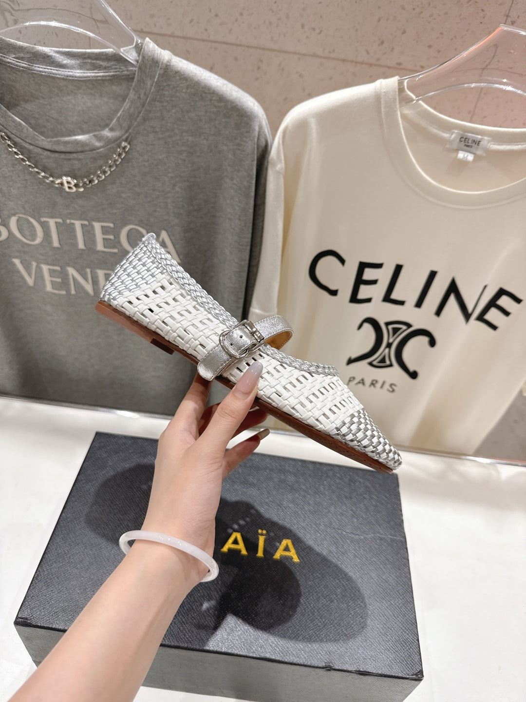 ALAIA MARY JANE FLATS white mix gray woven calfskin pattent