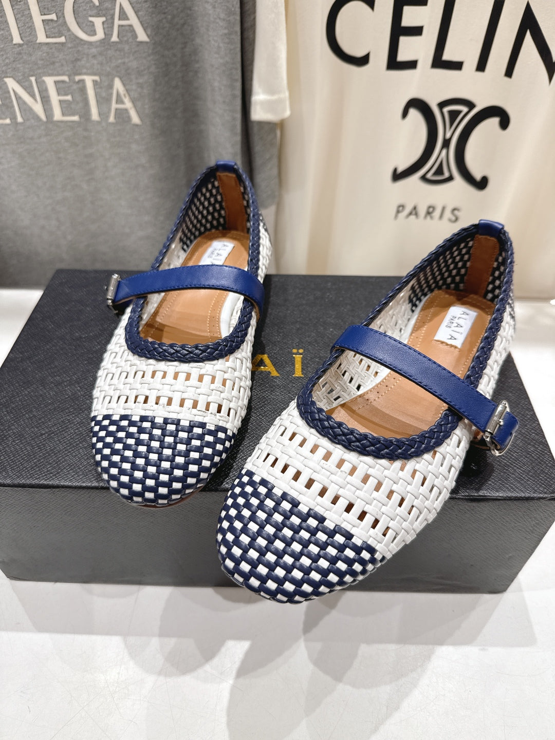 ALAIA MARY JANE FLATS white mix navy blue woven calfskin pattent