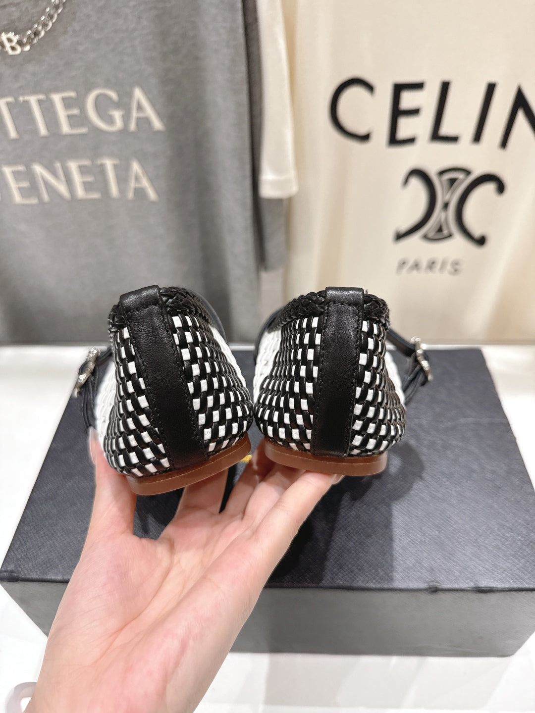 ALAIA MARY JANE FLATS white mix black woven calfskin pattent