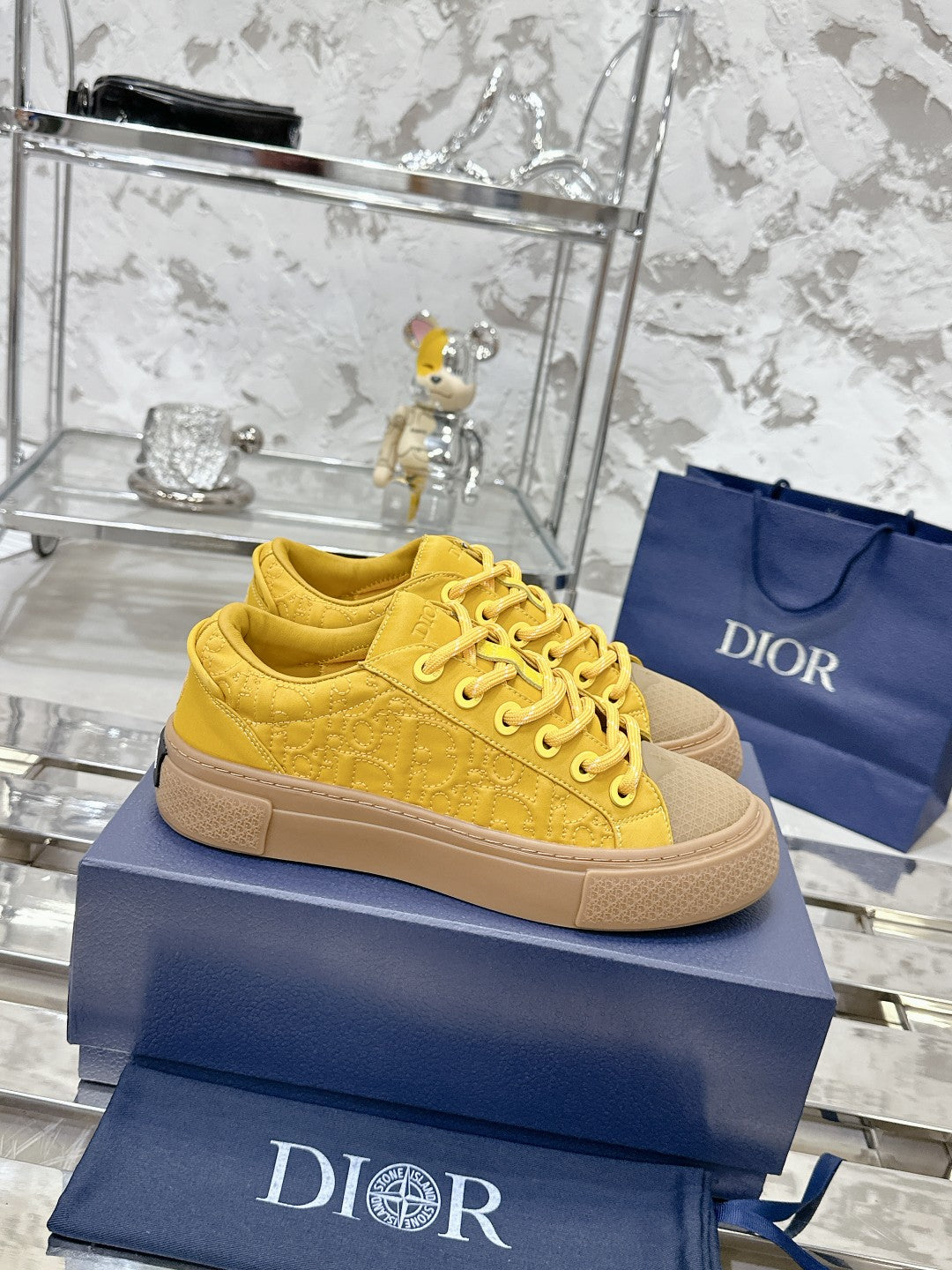 CD B33 Sneaker 40mm In Dark Yellow Monogram Satin Embroidery Fabric 103988