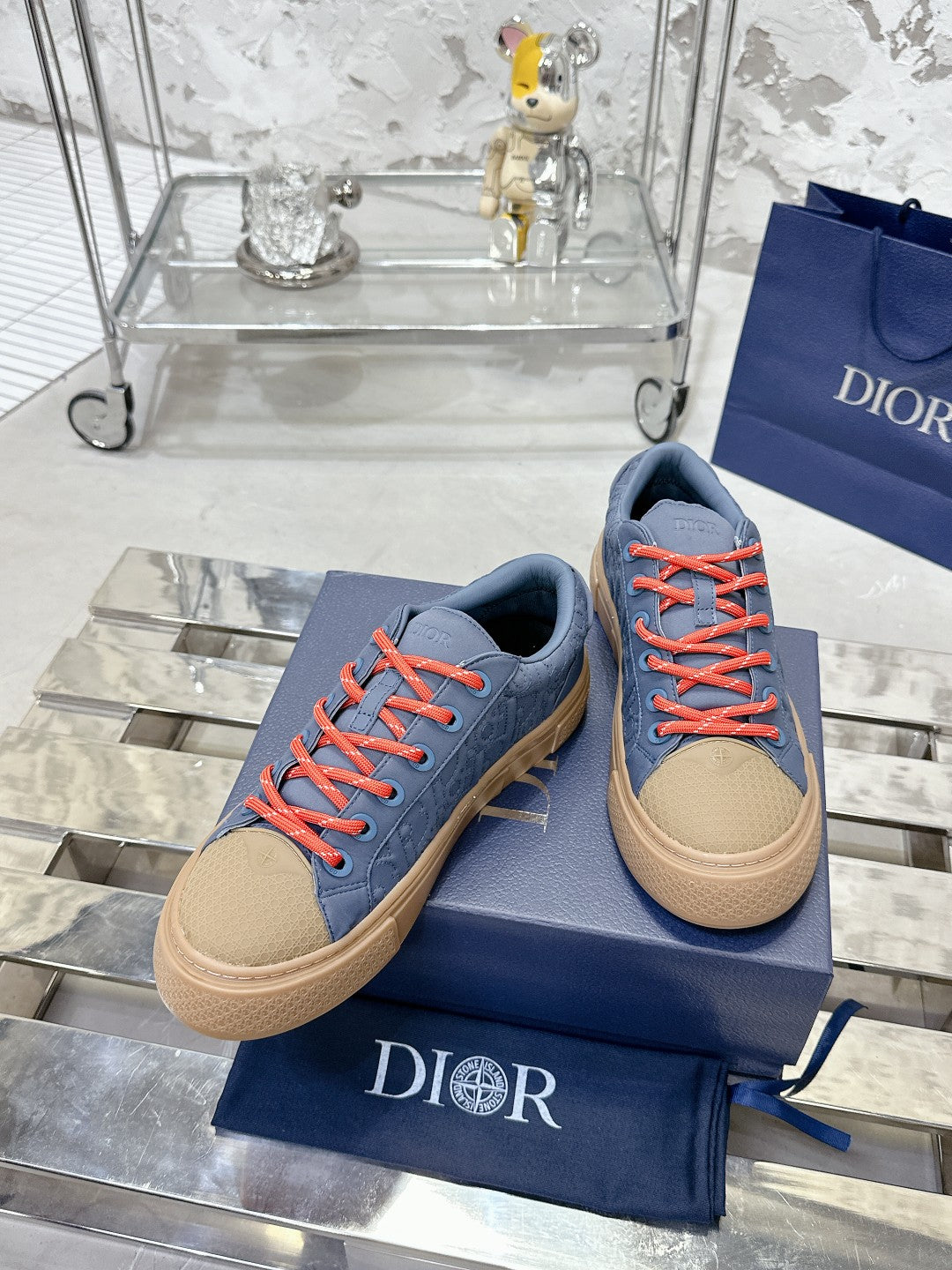 CD B33 Sneaker 40mm In King Blue Mix Brown Monogram Satin Embroidery Fabric 103992