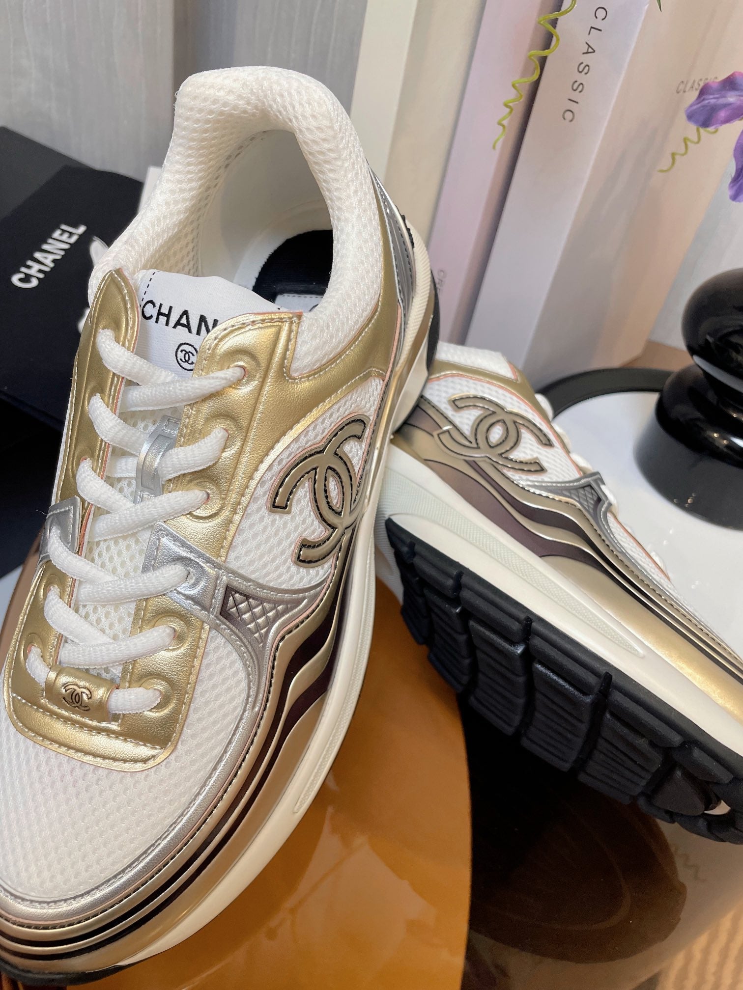 cc classic sneaker white fabric gold metalic calfskin