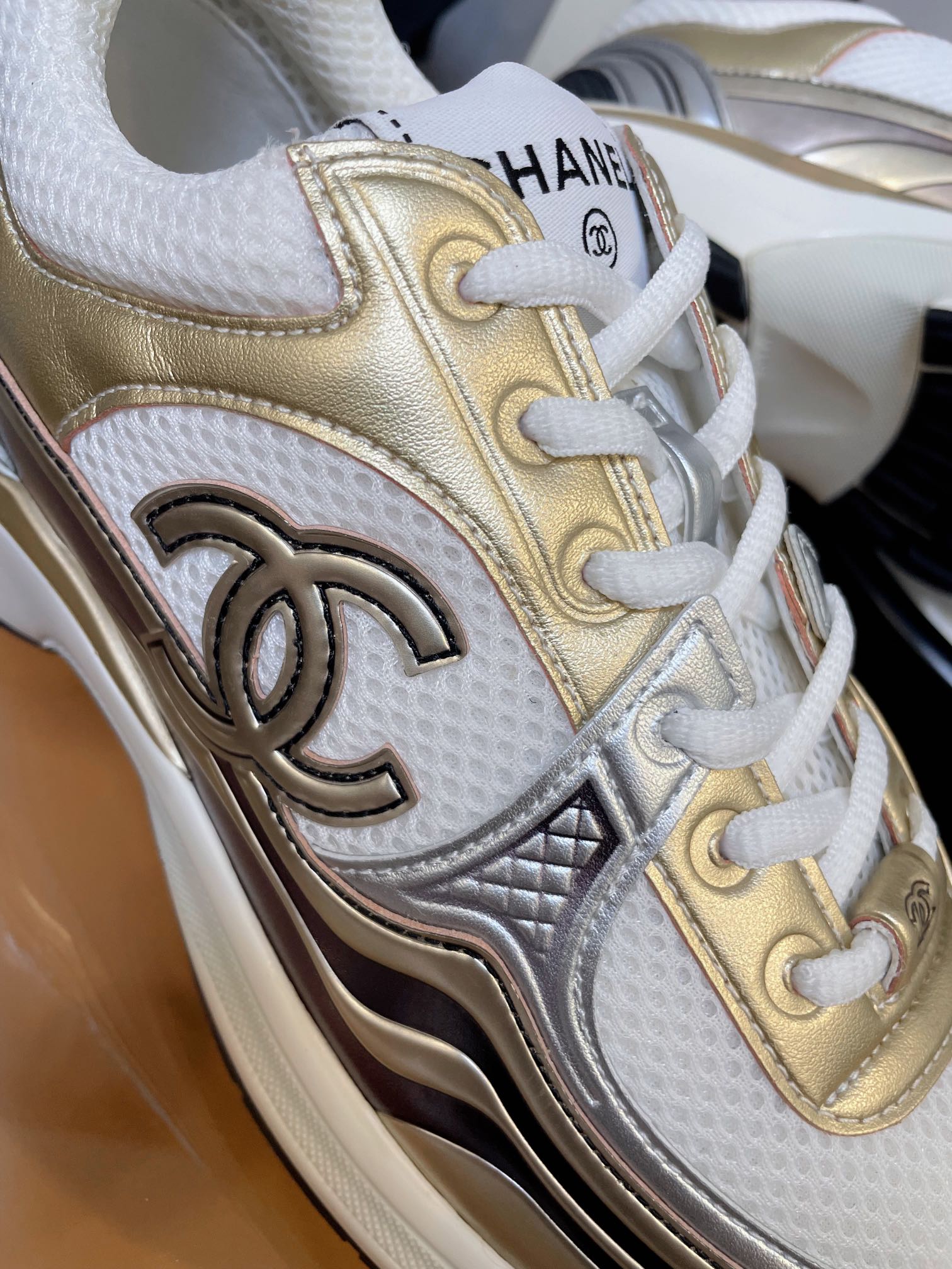 cc classic sneaker white fabric gold metalic calfskin