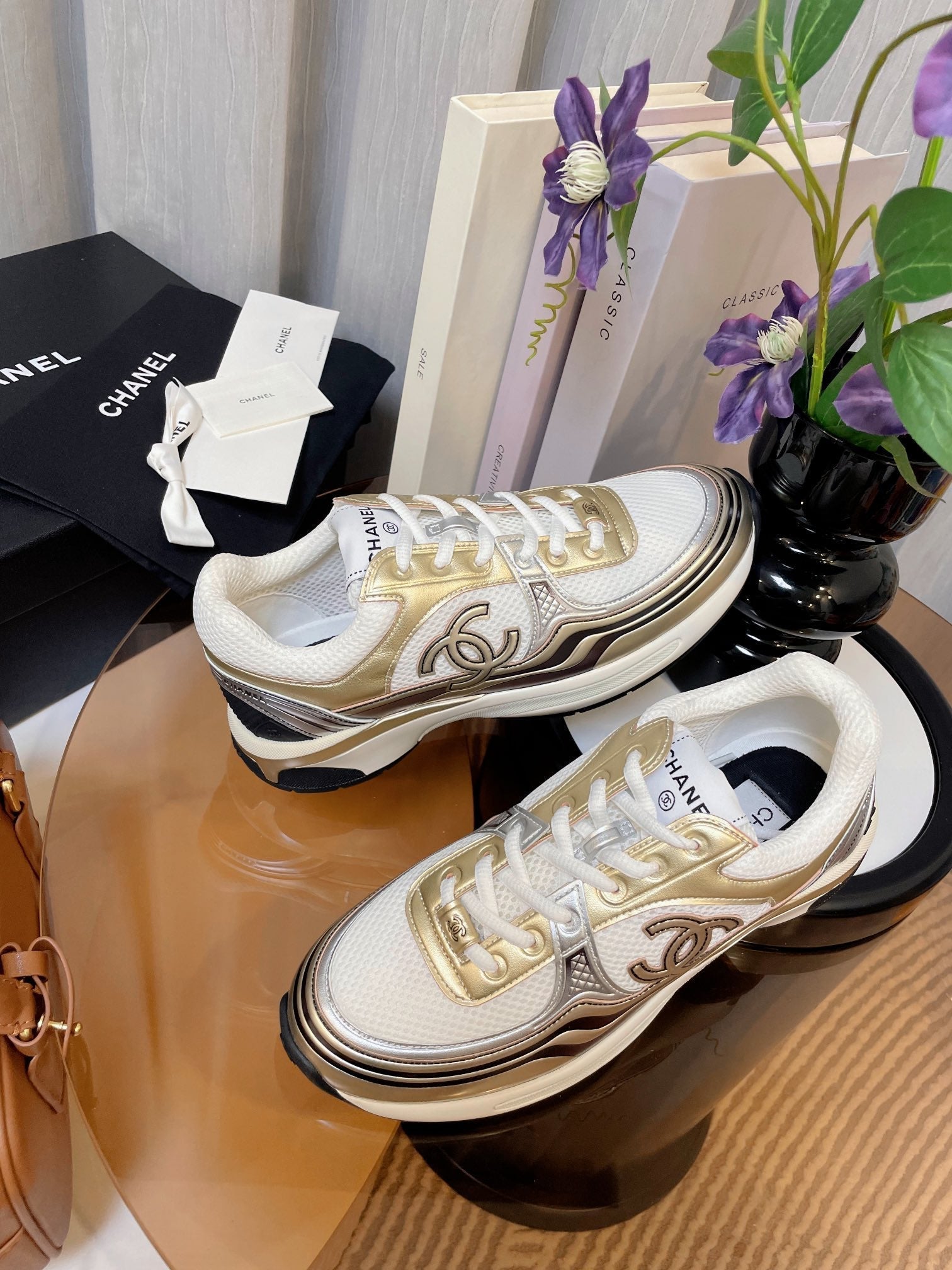 cc classic sneaker white fabric gold metalic calfskin