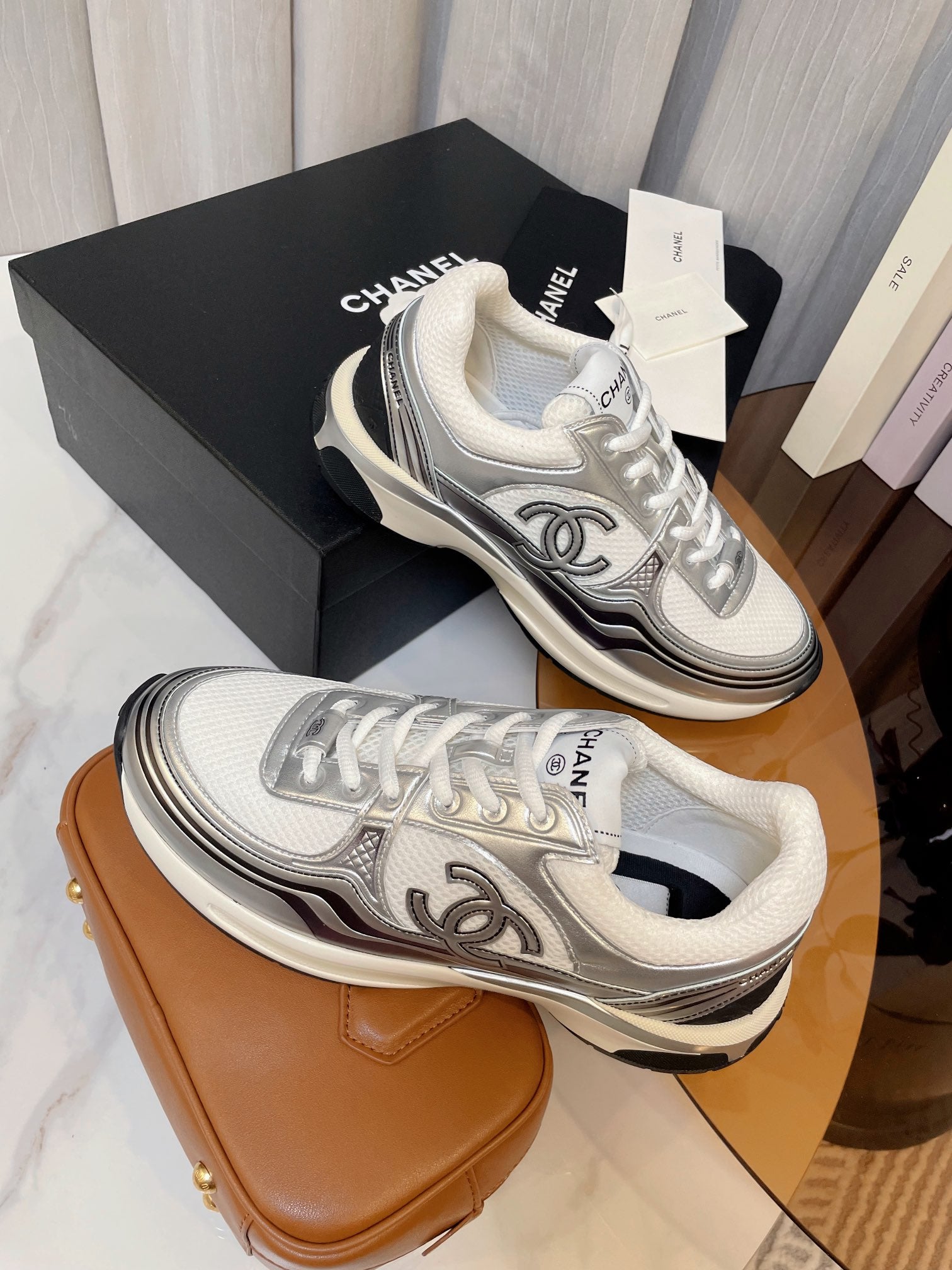 cc classic sneaker white fabric silver metalic calfskin