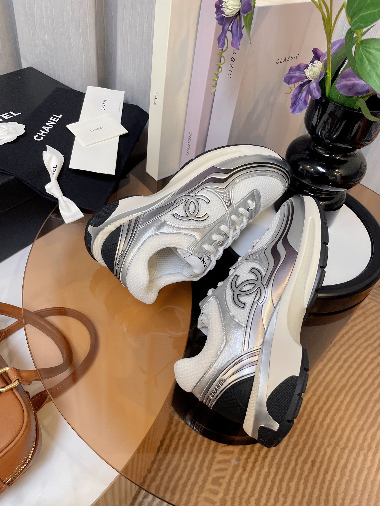 cc classic sneaker white fabric silver metalic calfskin