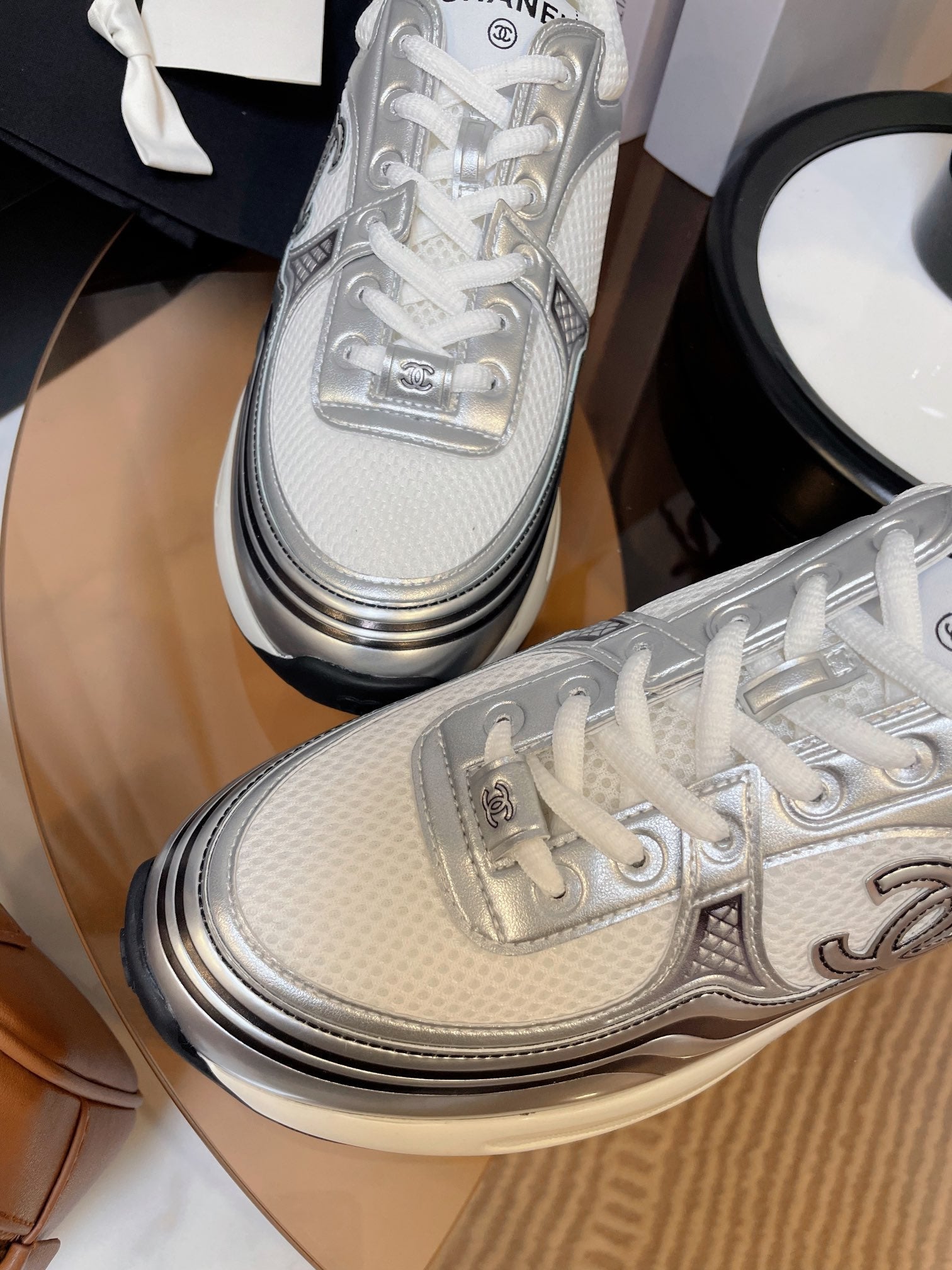 cc classic sneaker white fabric silver metalic calfskin