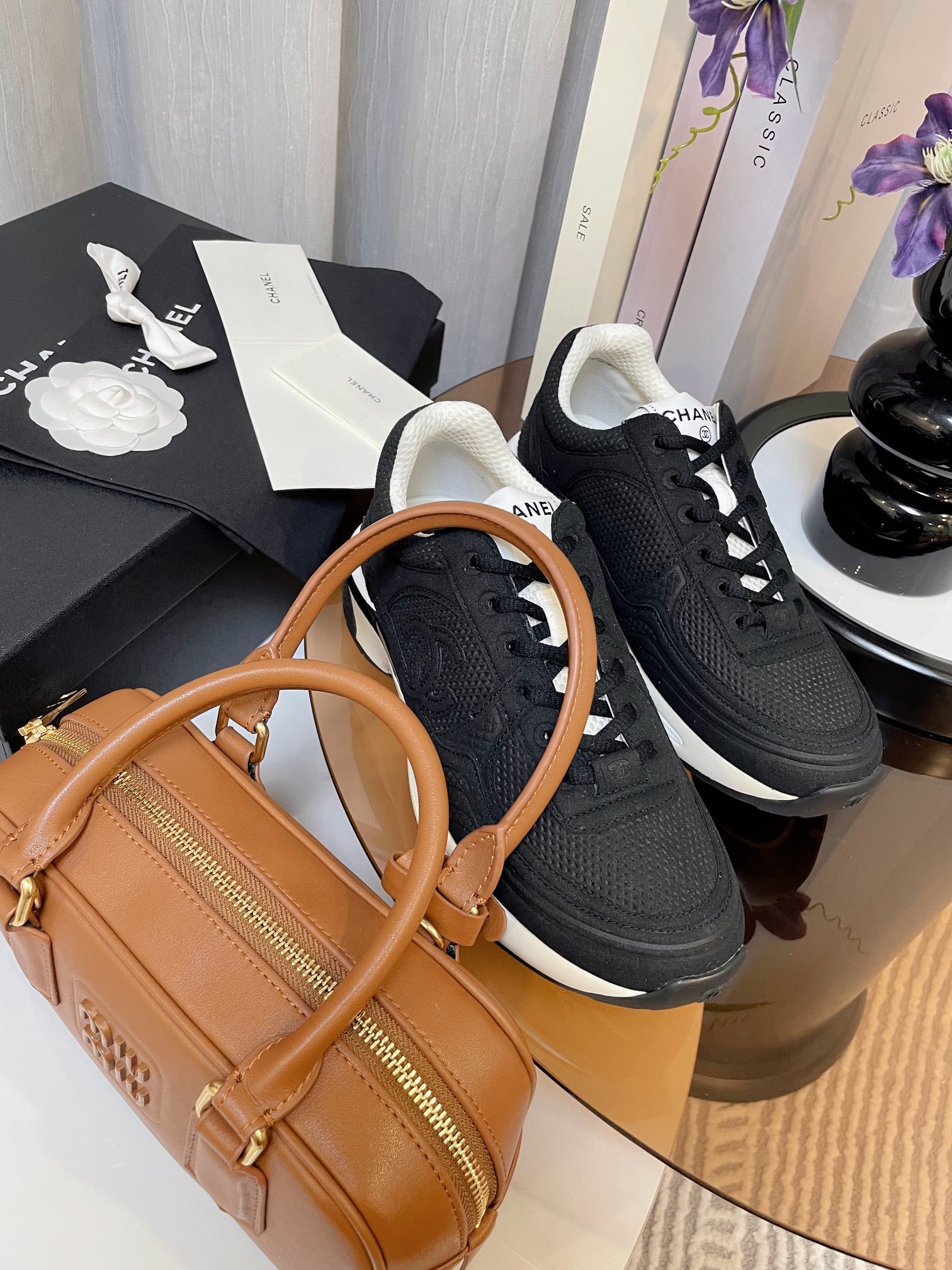 cc classic sneaker black fabric calfskin