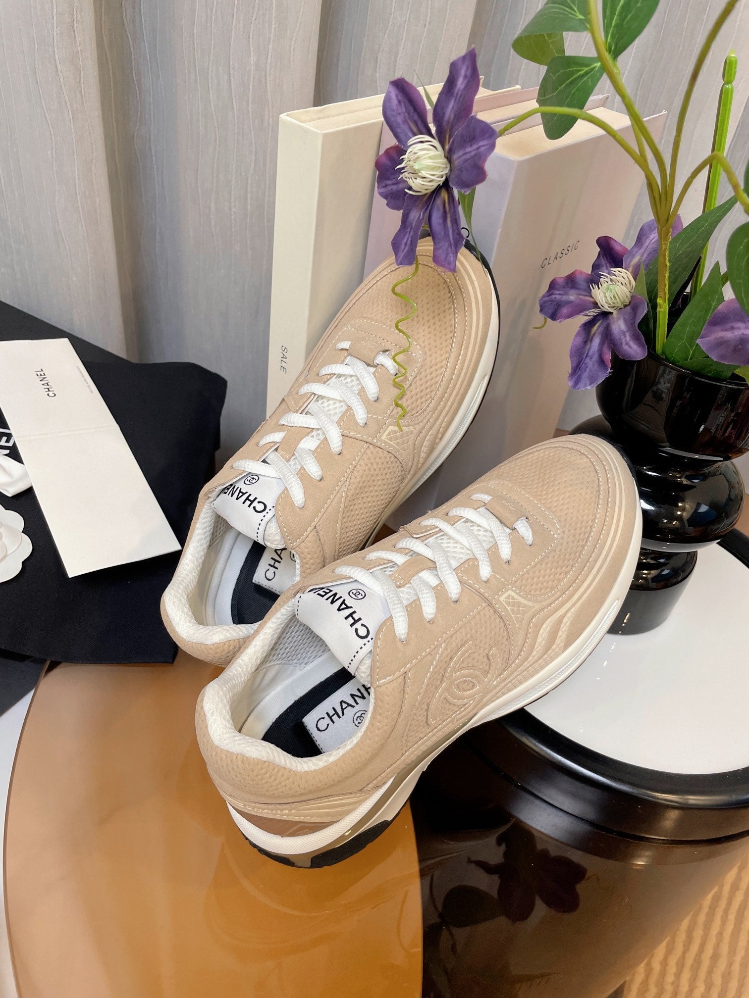 cc classic sneaker beige fabric calfskin