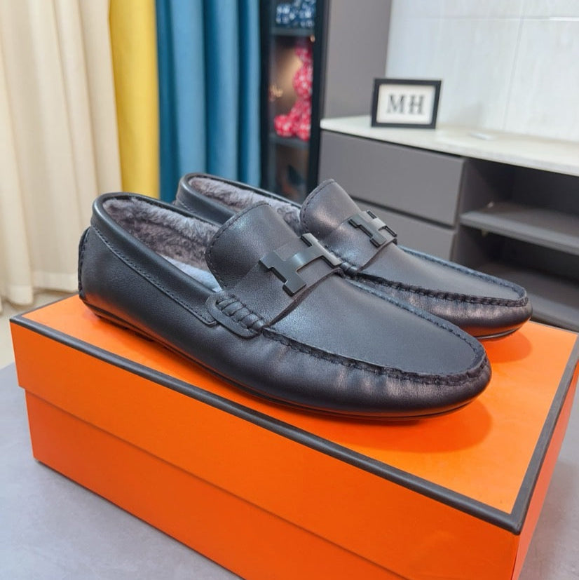 HM Men's Loafer Black Cowhide Fur Lining 524403