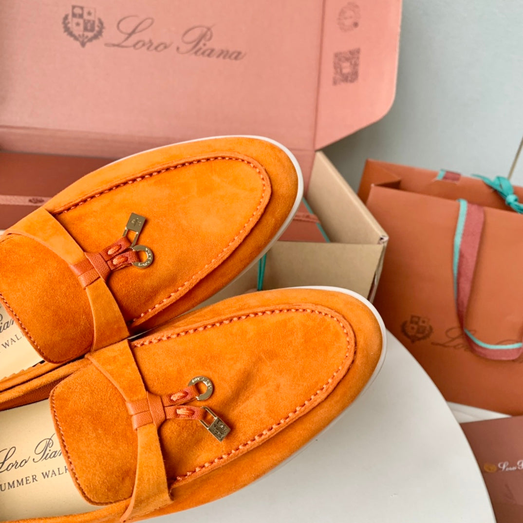 Loro Piana Orange Suede Summer Charms Walk Loafers