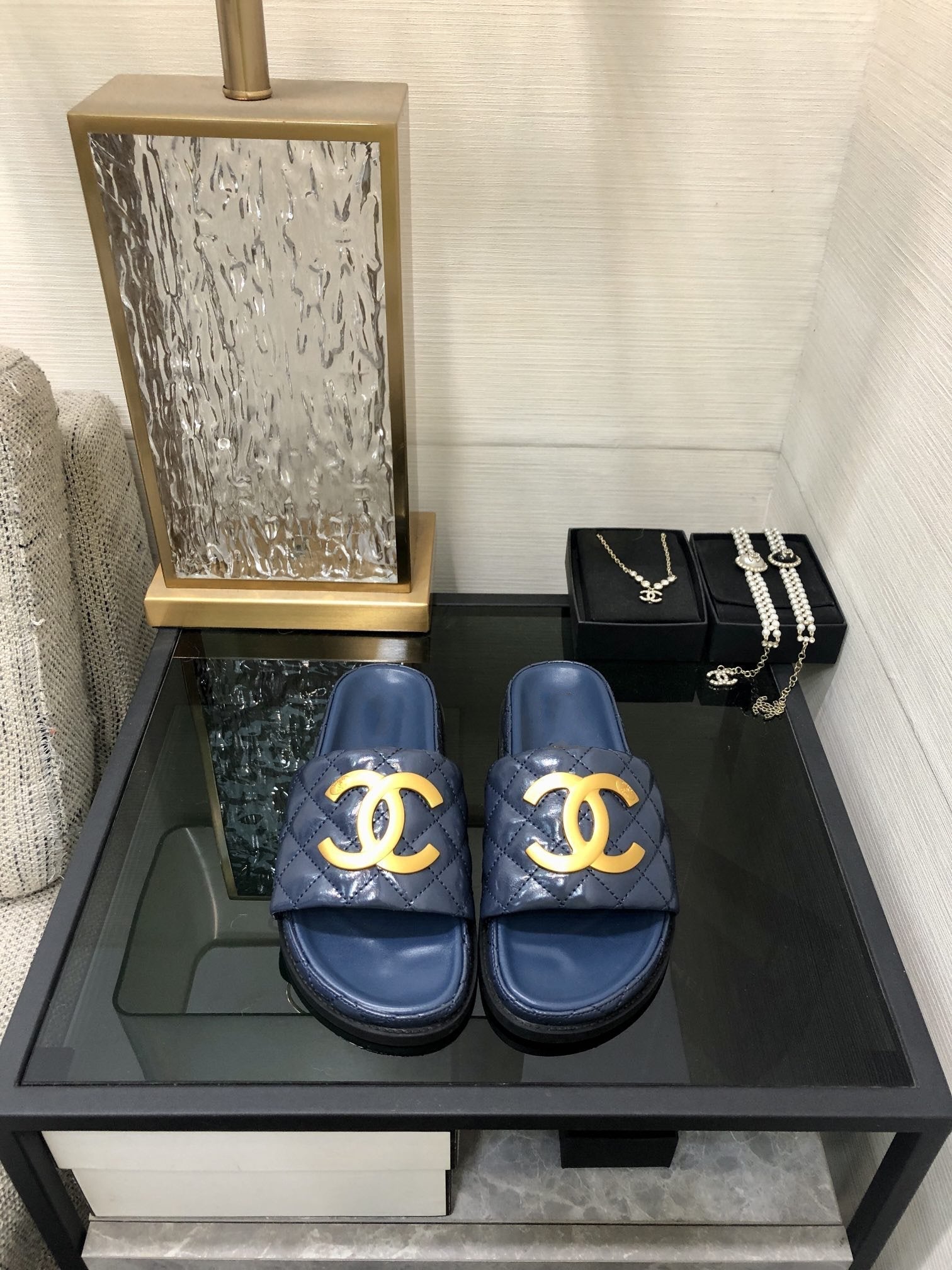 mule sandal 30 blue quilted waxed leather