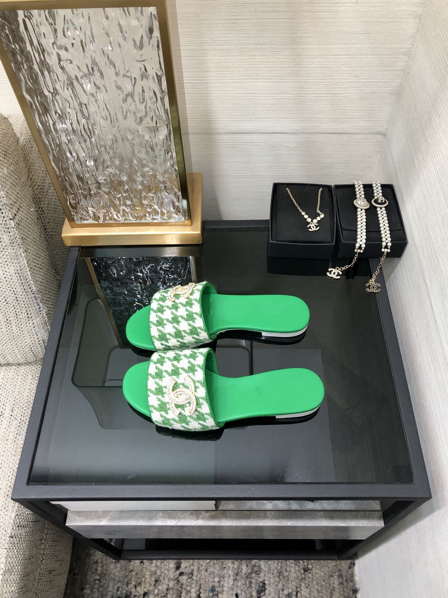 mule sandal green white houndstooth fabric
