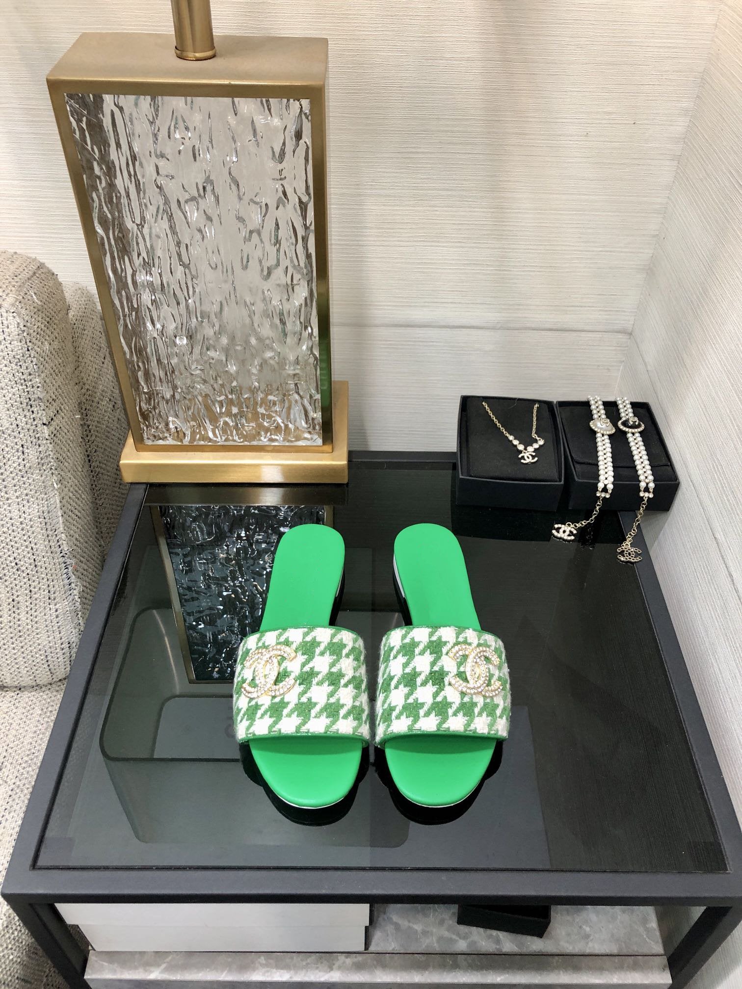 mule sandal green white houndstooth fabric