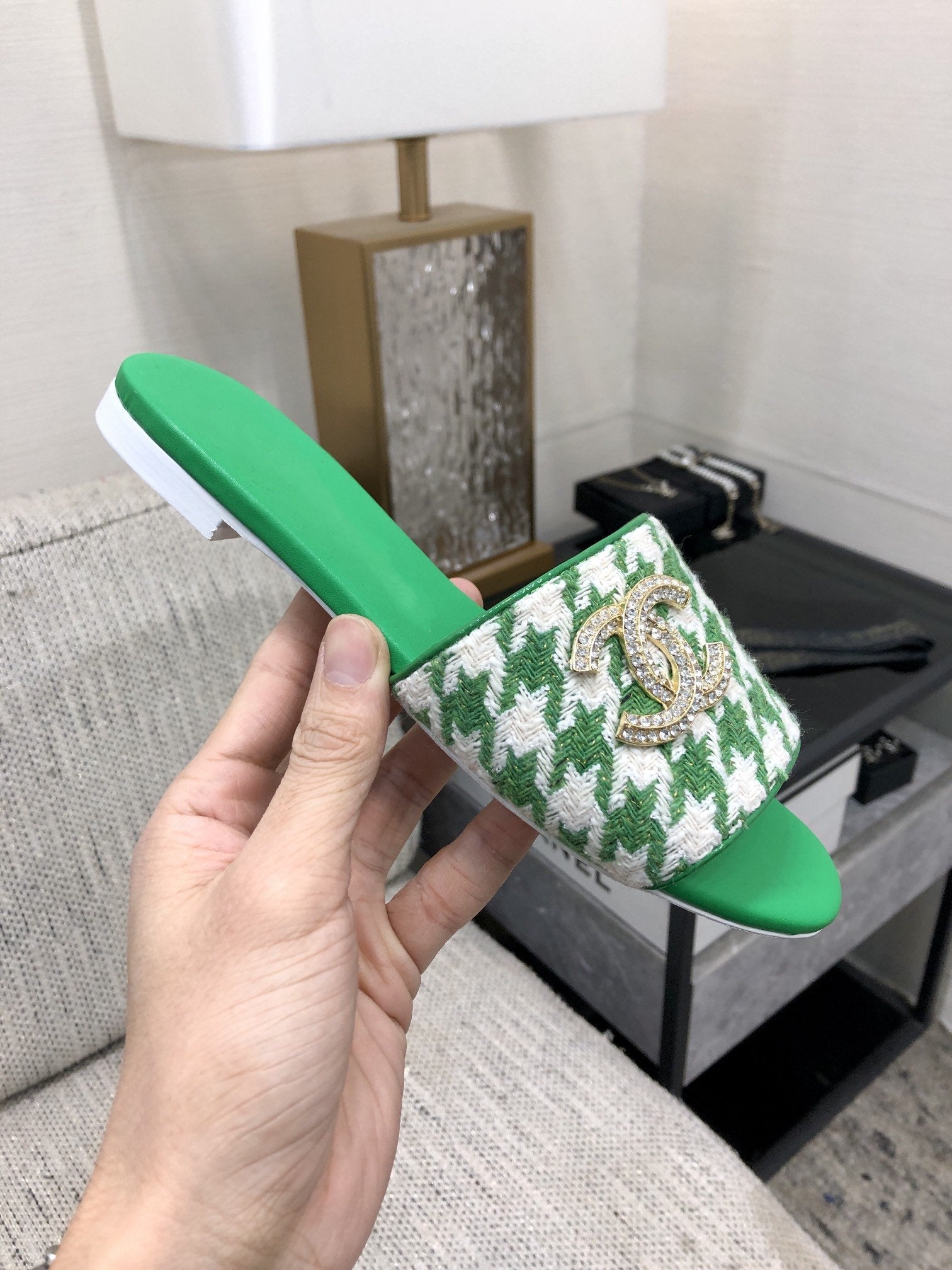 mule sandal green white houndstooth fabric