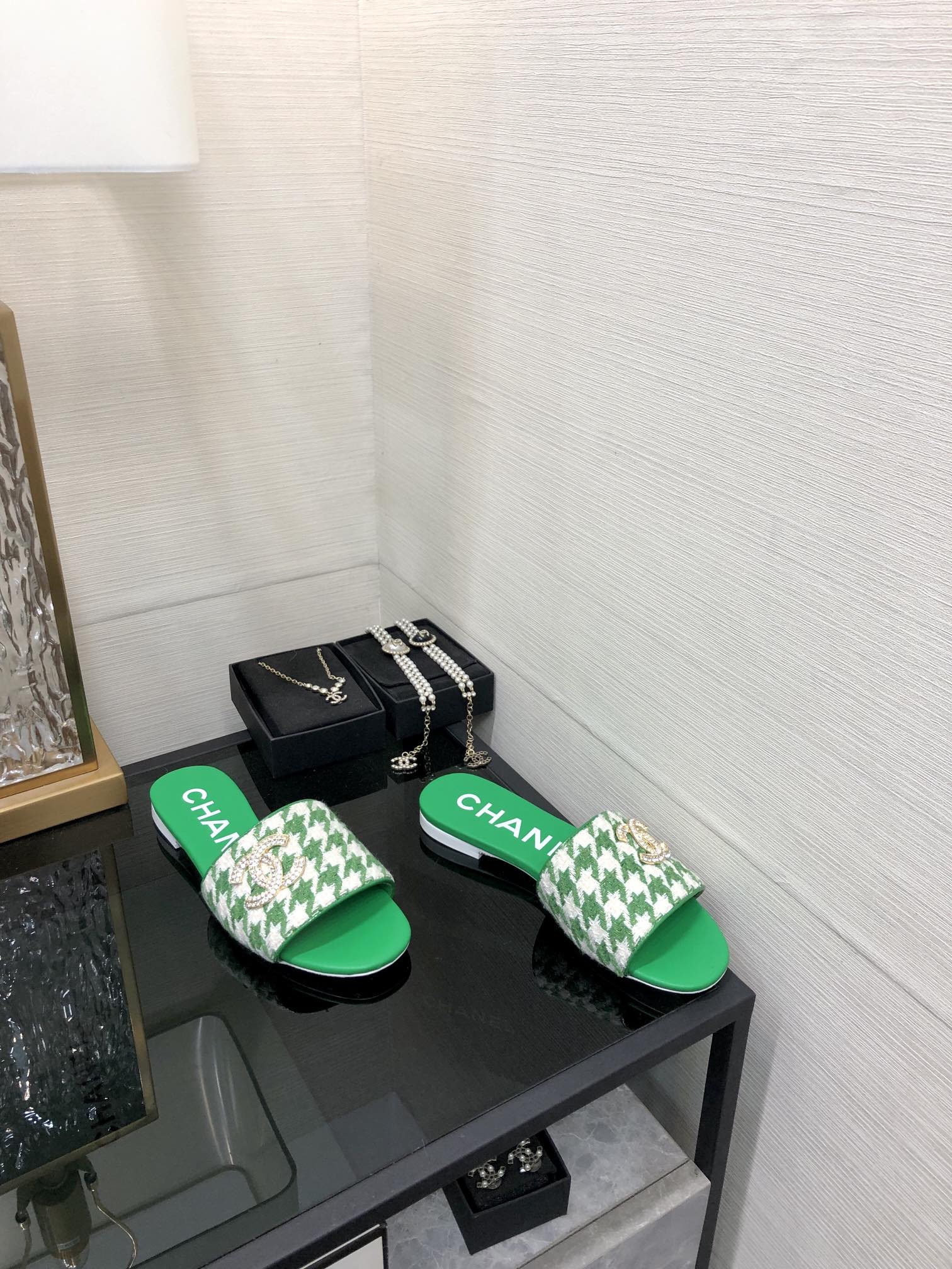 mule sandal green white houndstooth fabric
