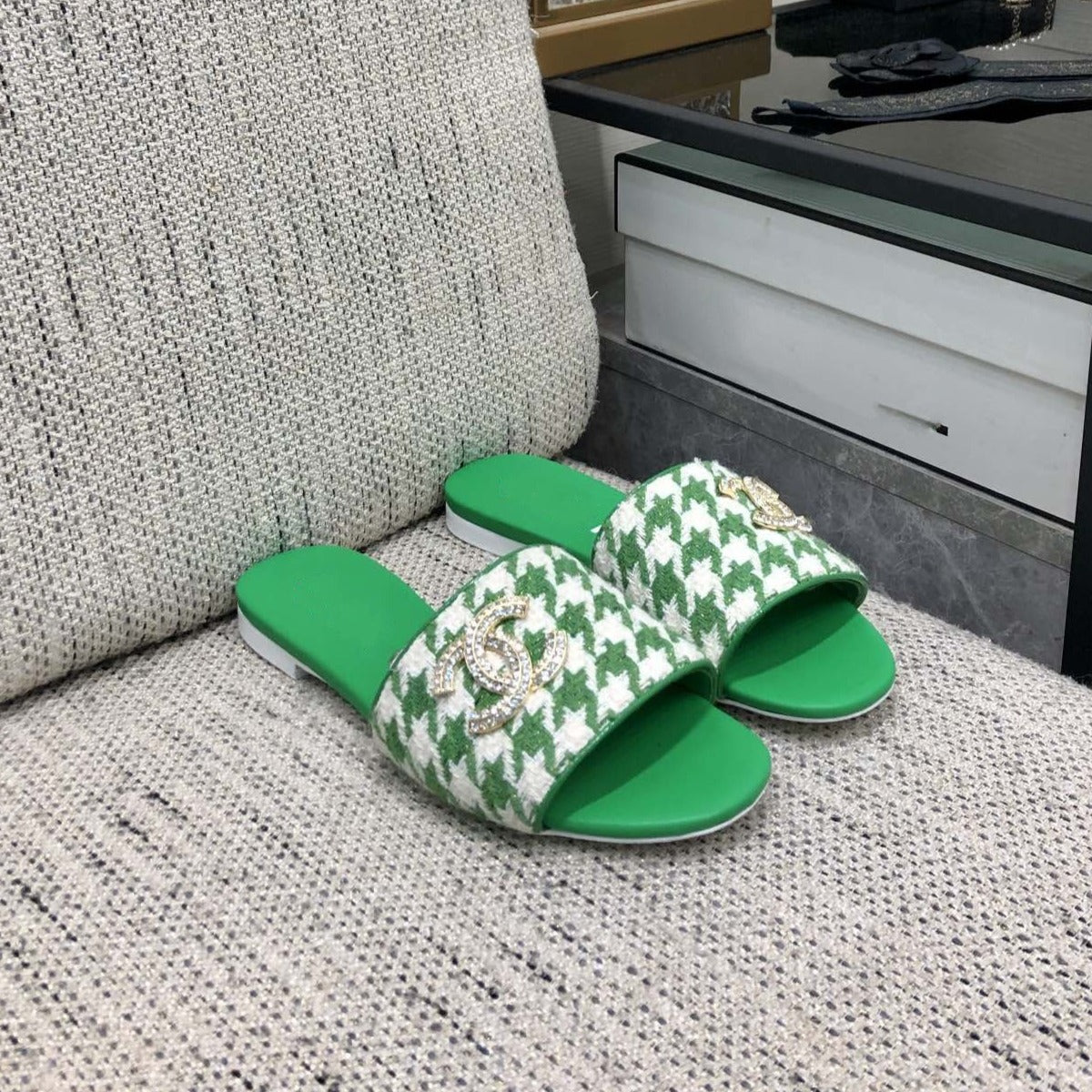 mule sandal green white houndstooth fabric