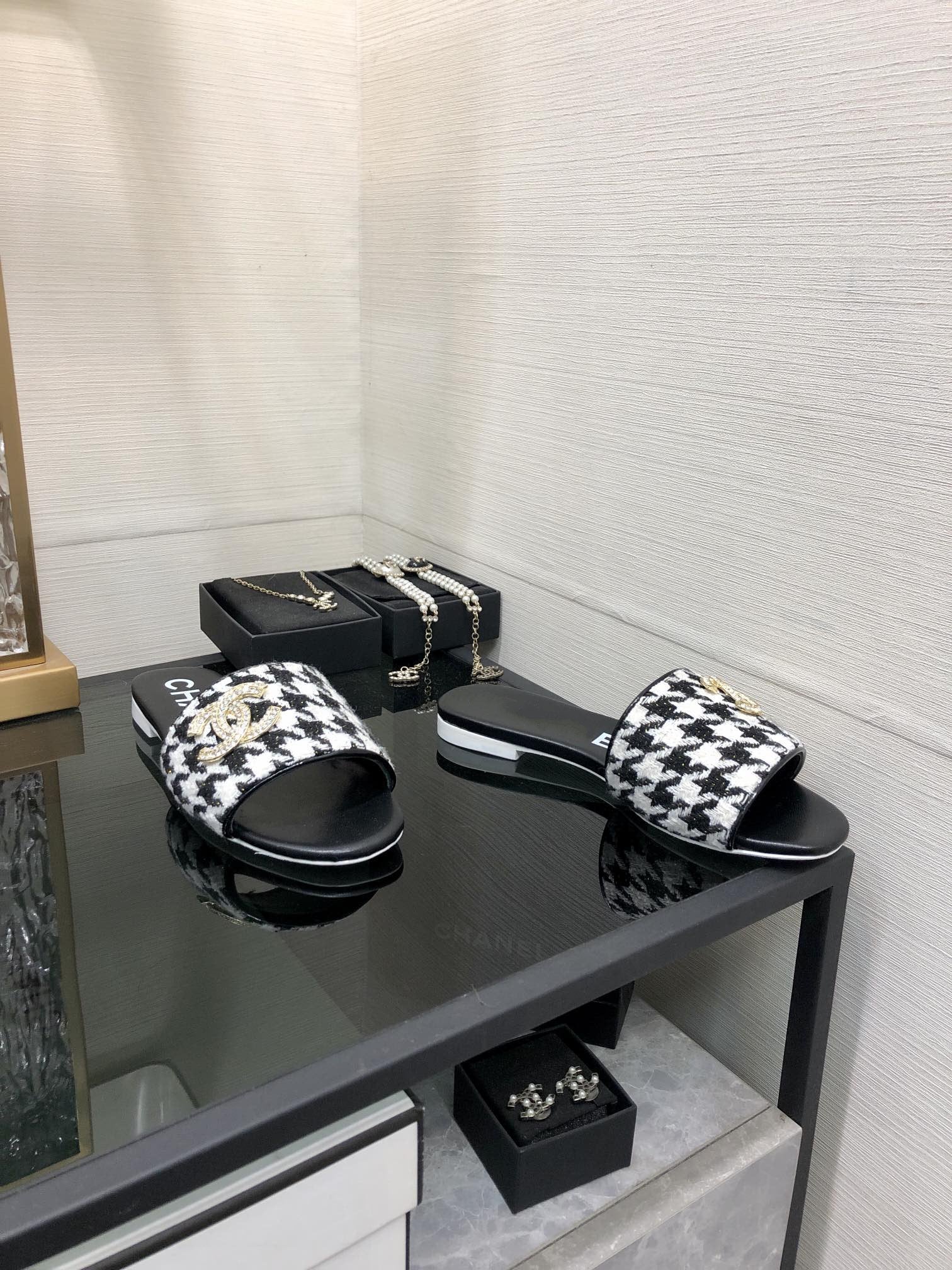 mule sandal black white houndstooth fabric