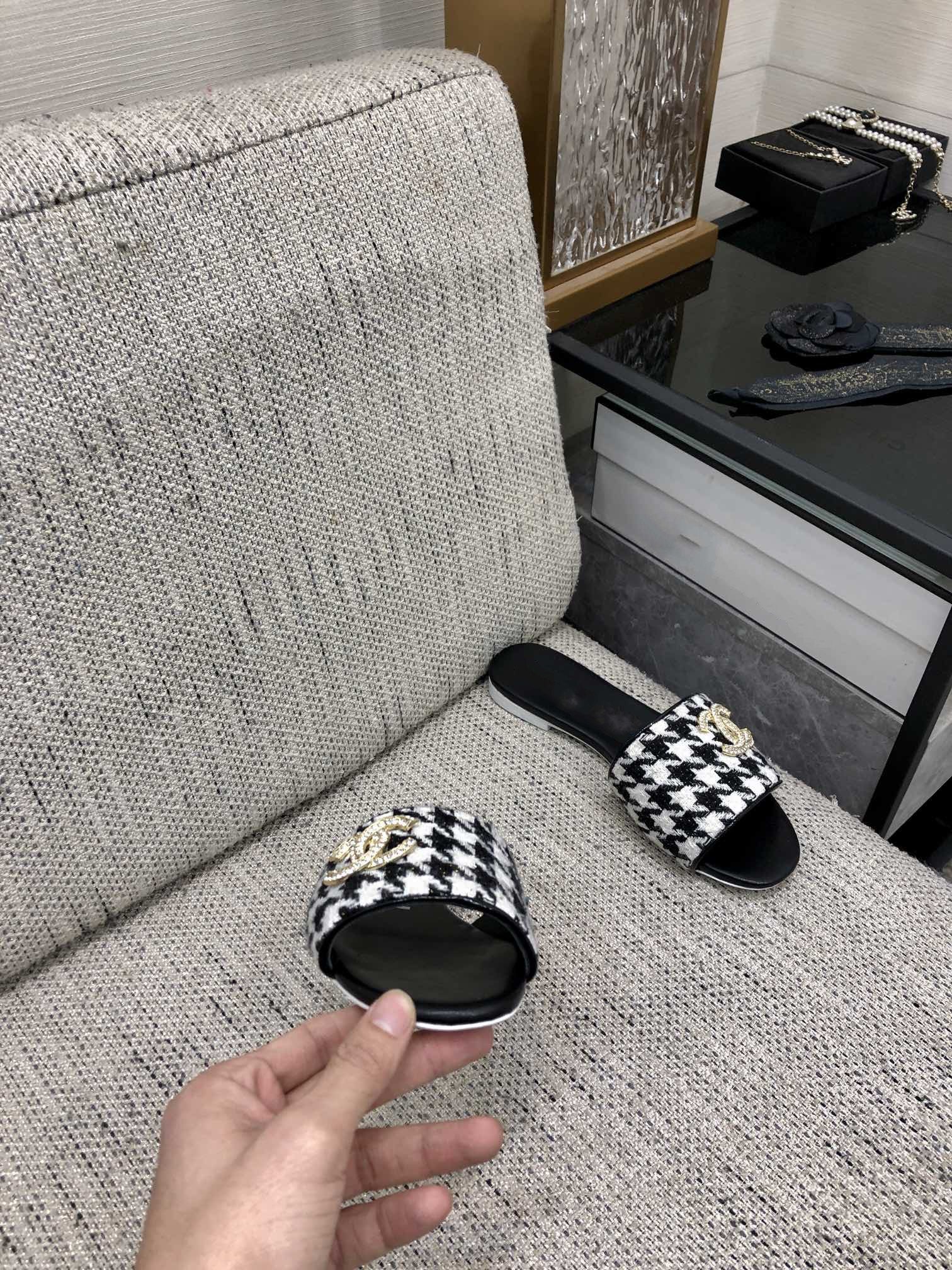 mule sandal black white houndstooth fabric