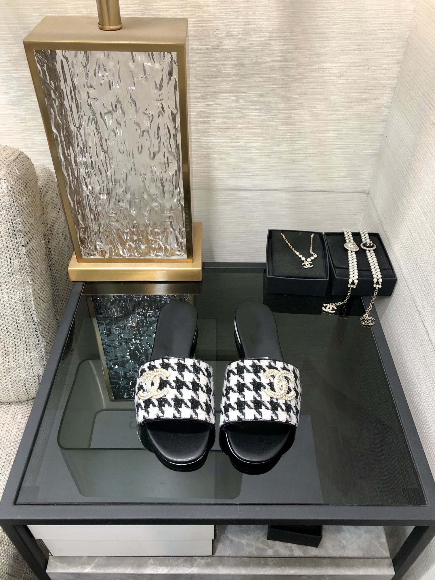 mule sandal black white houndstooth fabric