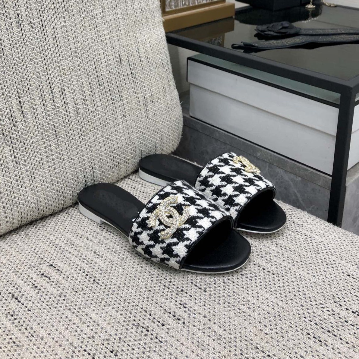 mule sandal black white houndstooth fabric