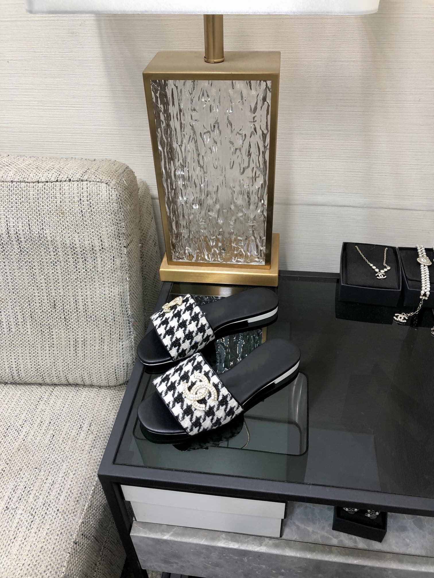 mule sandal black white houndstooth fabric