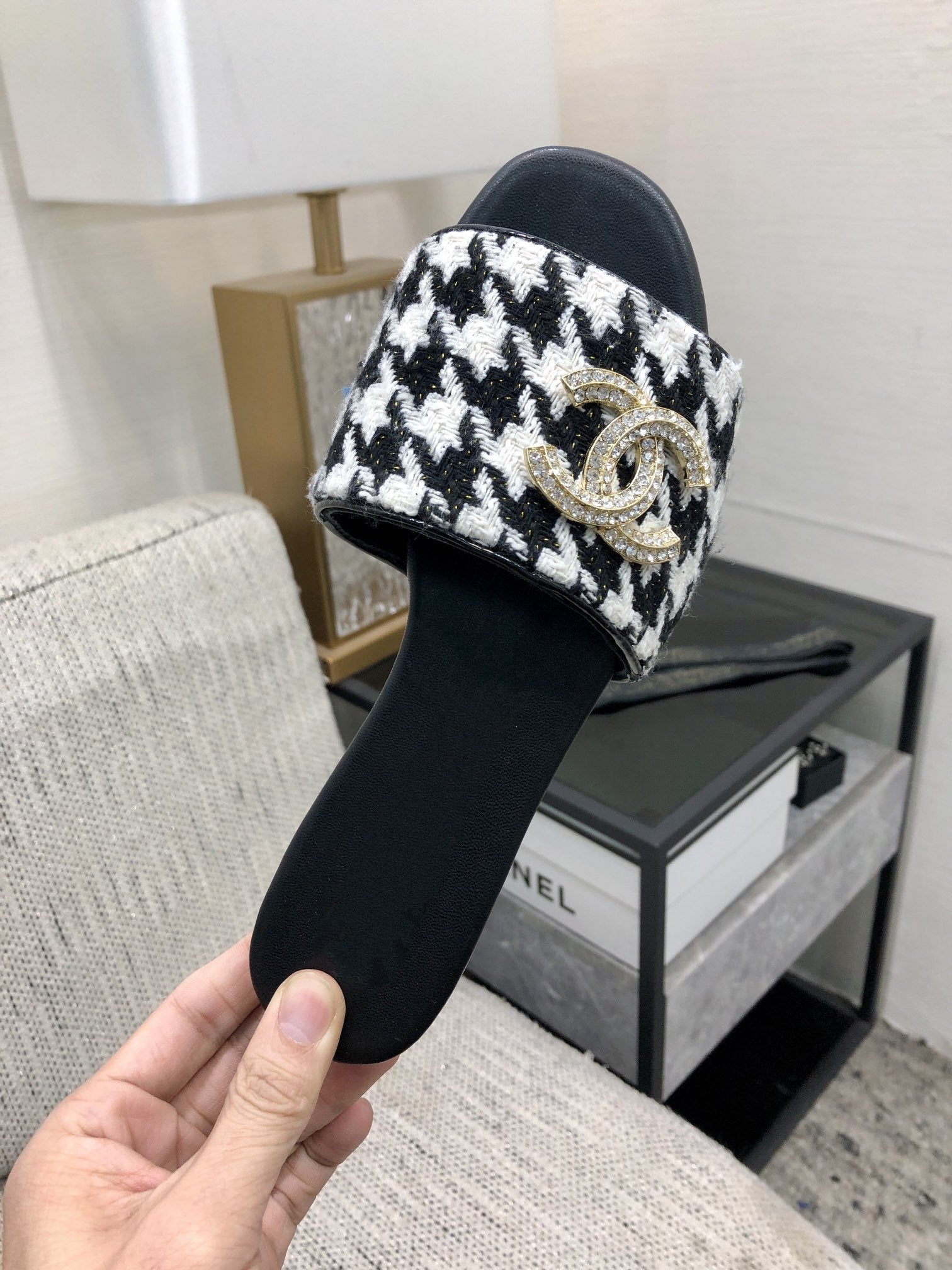 mule sandal black white houndstooth fabric