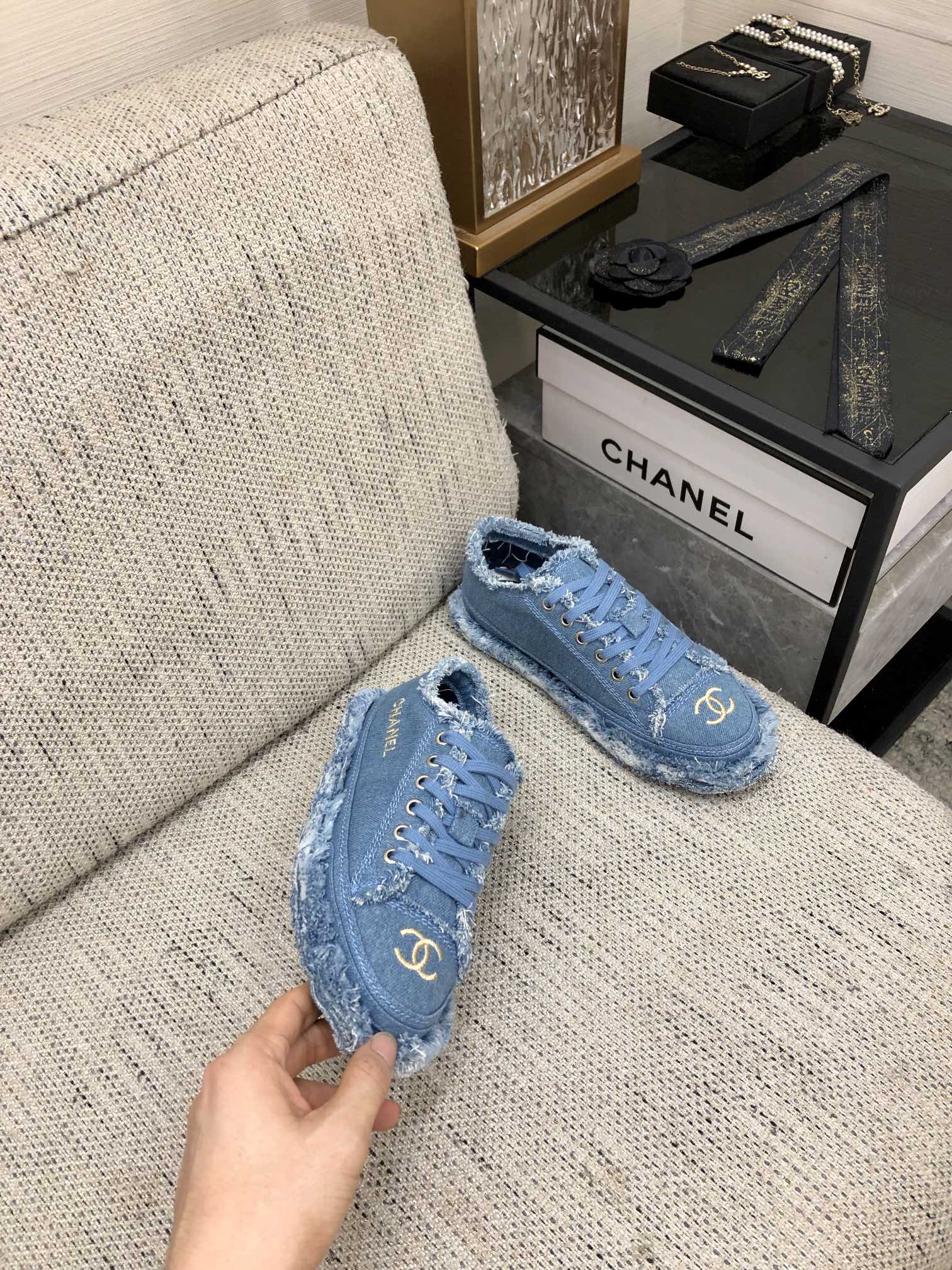 CC Sneaker Blue Fringe Denim Fabric