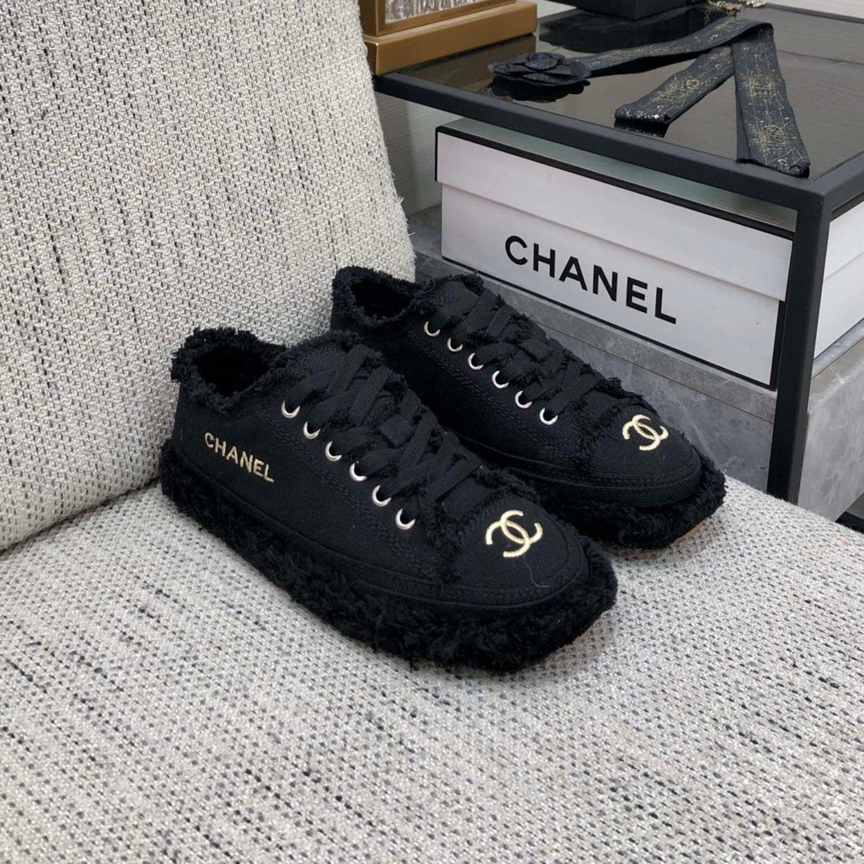 CC Sneaker Black Fringe Denim Fabric