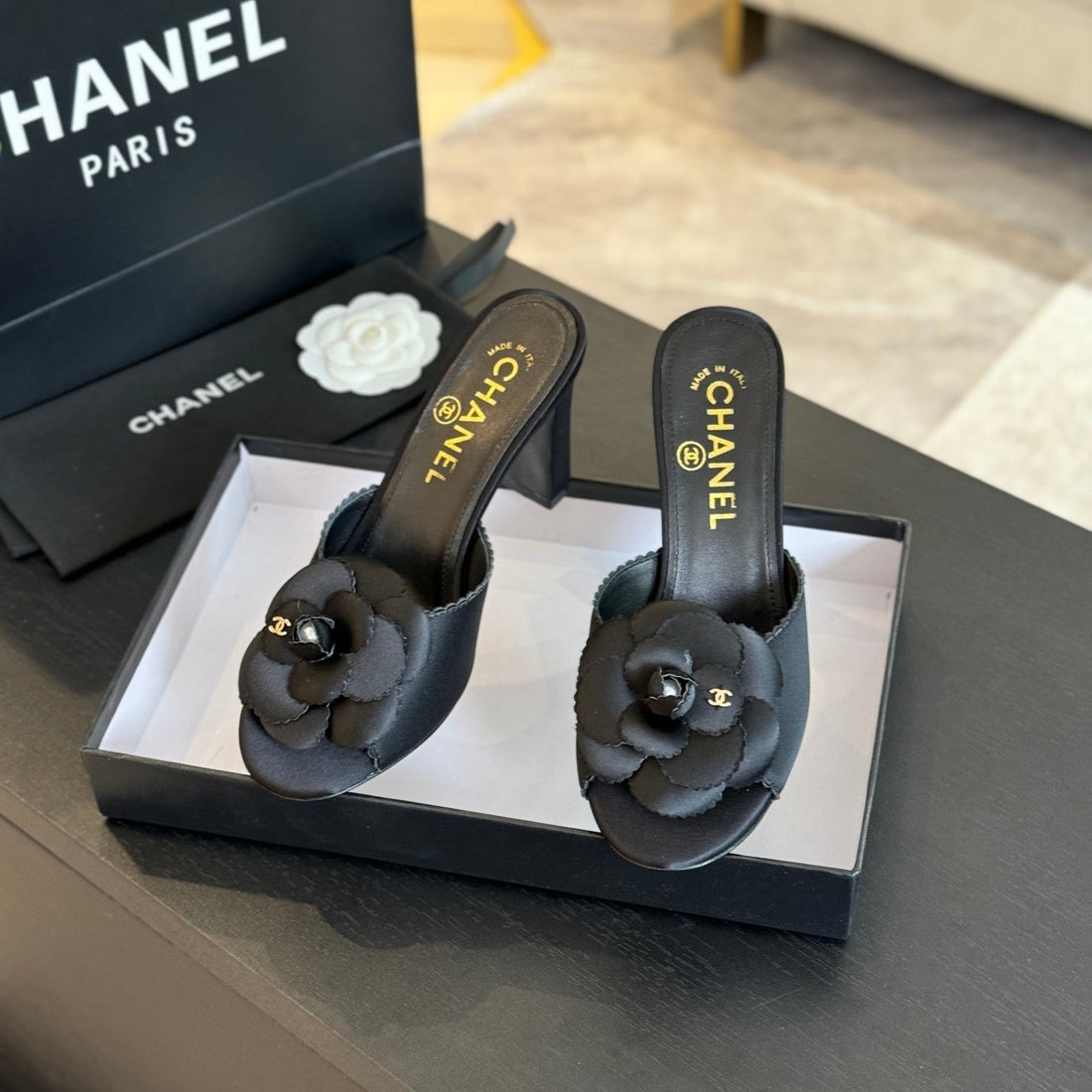 mule sandal flower high heel 80 black satin