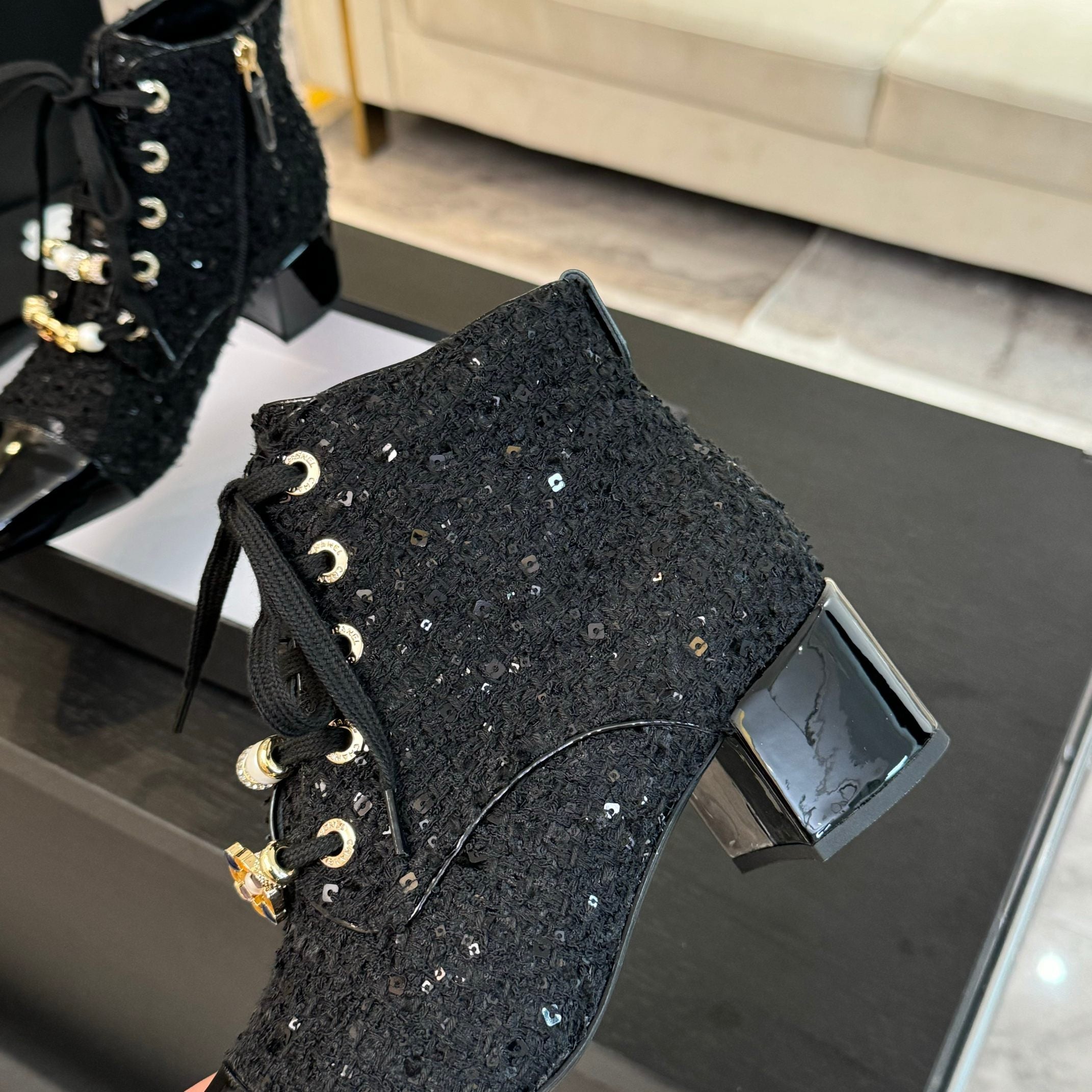 CC Ankle Boots Black Beaded Tweed Fabric And Lambskin
