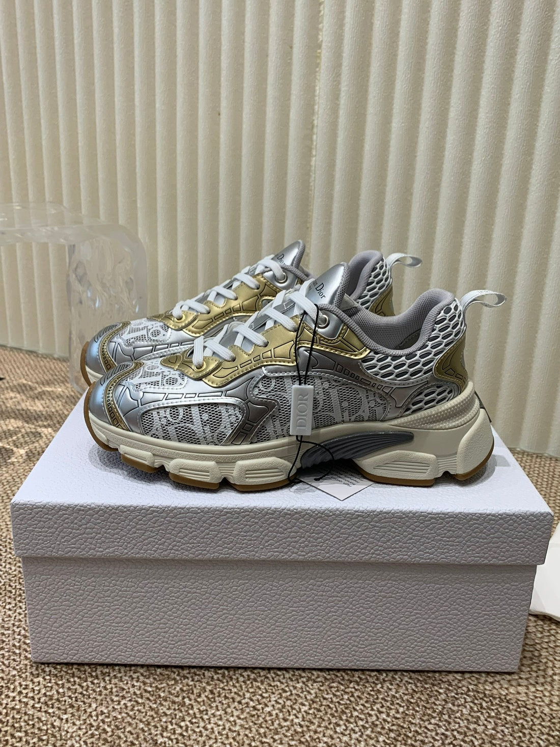 CD Vibe Sneaker In White Mix Dark Grey Gold Polyester Mesh Fabric And Cowhide 113418