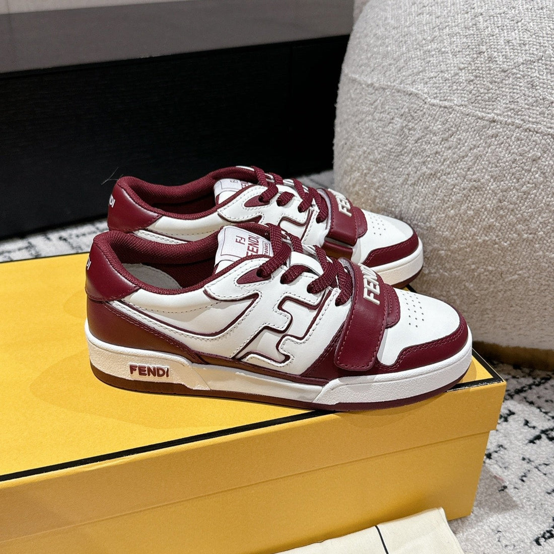 FENDI MATCH LOW-TOPS IN BURGUNDY RED MIX WHITE CALFSKIN