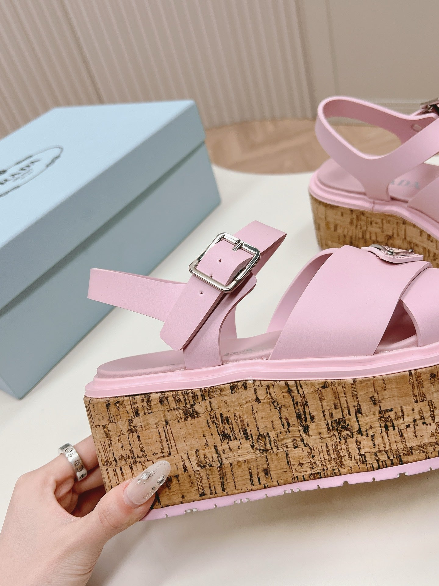 PRA WEDGE PLATFORM SANDALS PASTEL PINK CALFSKIN