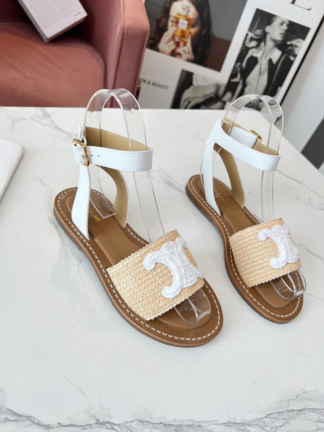 Celine 25C Lympia Sandal Beige mix White Fabric with Calfskin 238161