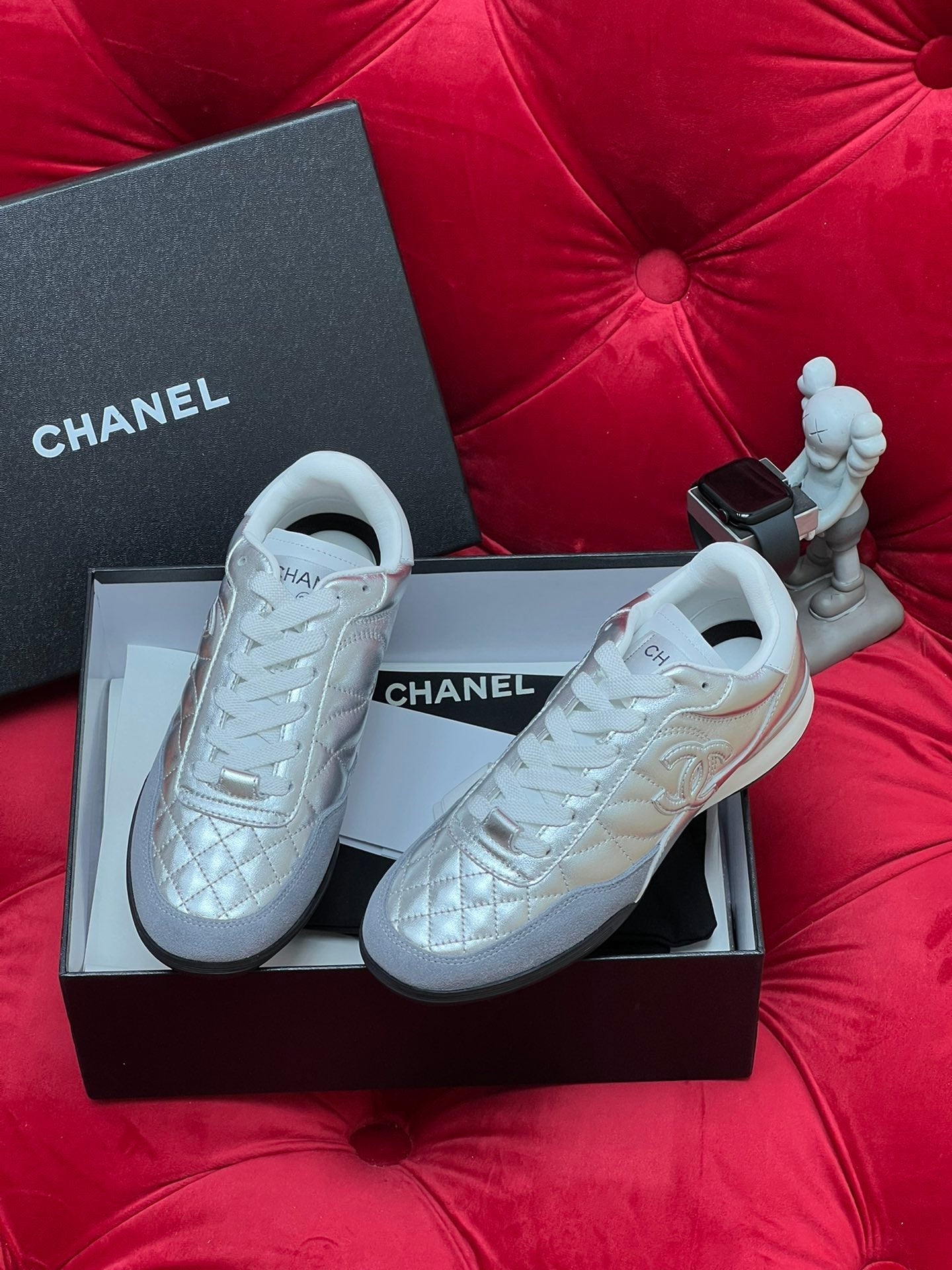 cc low sneaker silver metalic quilted calfskin