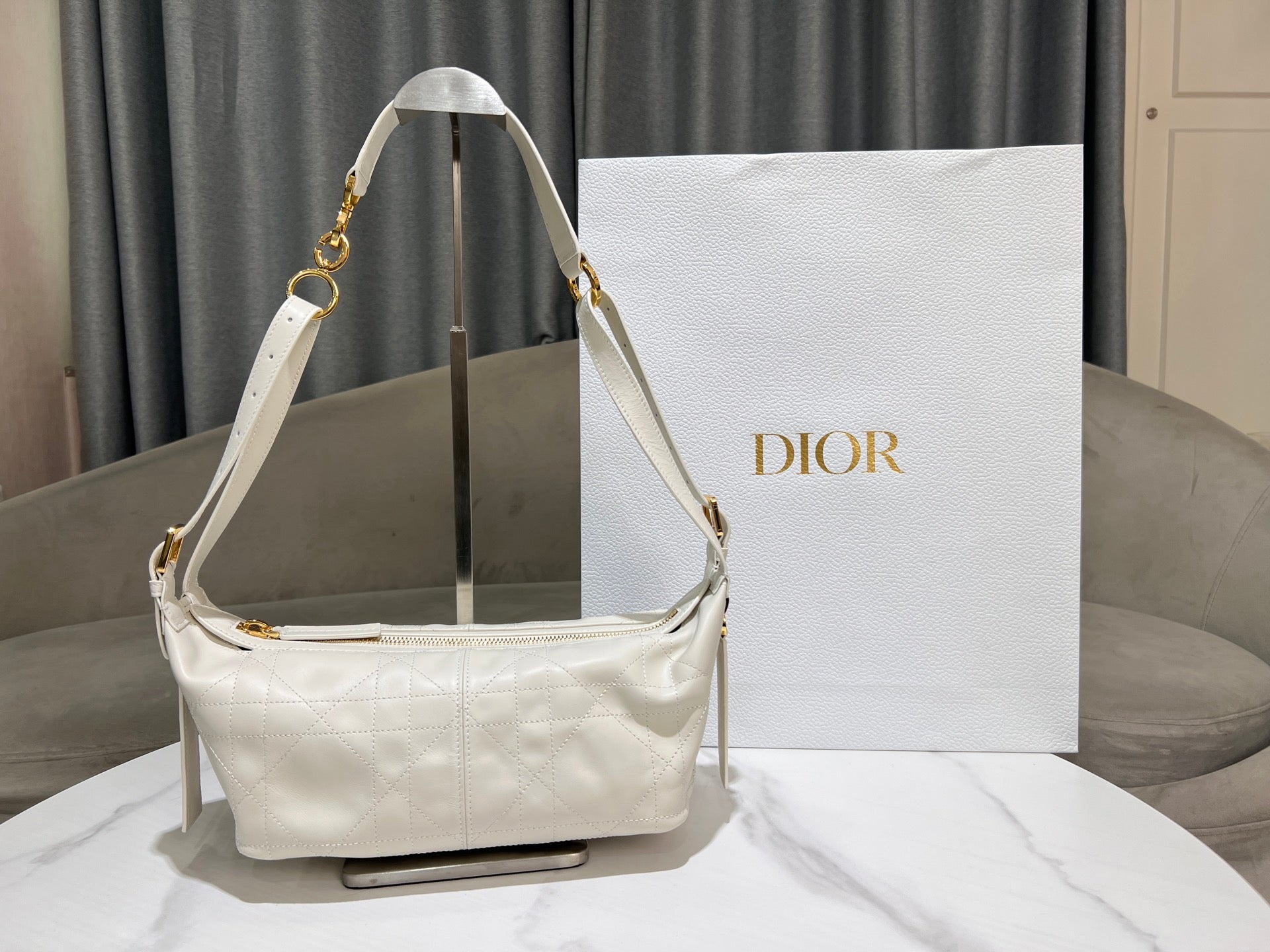 CD Jacquard Hobo Bag 23 With Chain White Calfskin