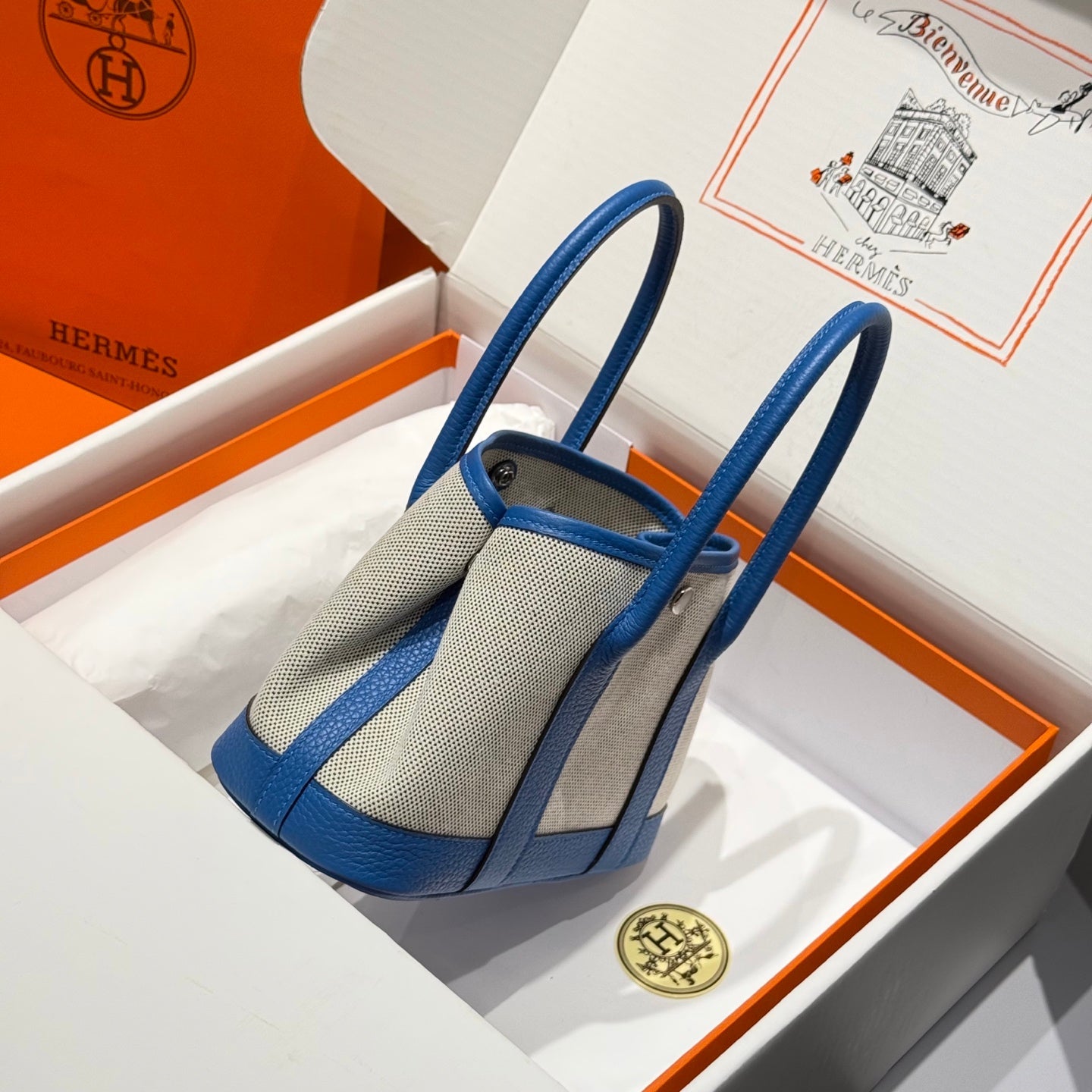 HM Garden Party Mini 23cm Bag Blue Togo Cream Canvas