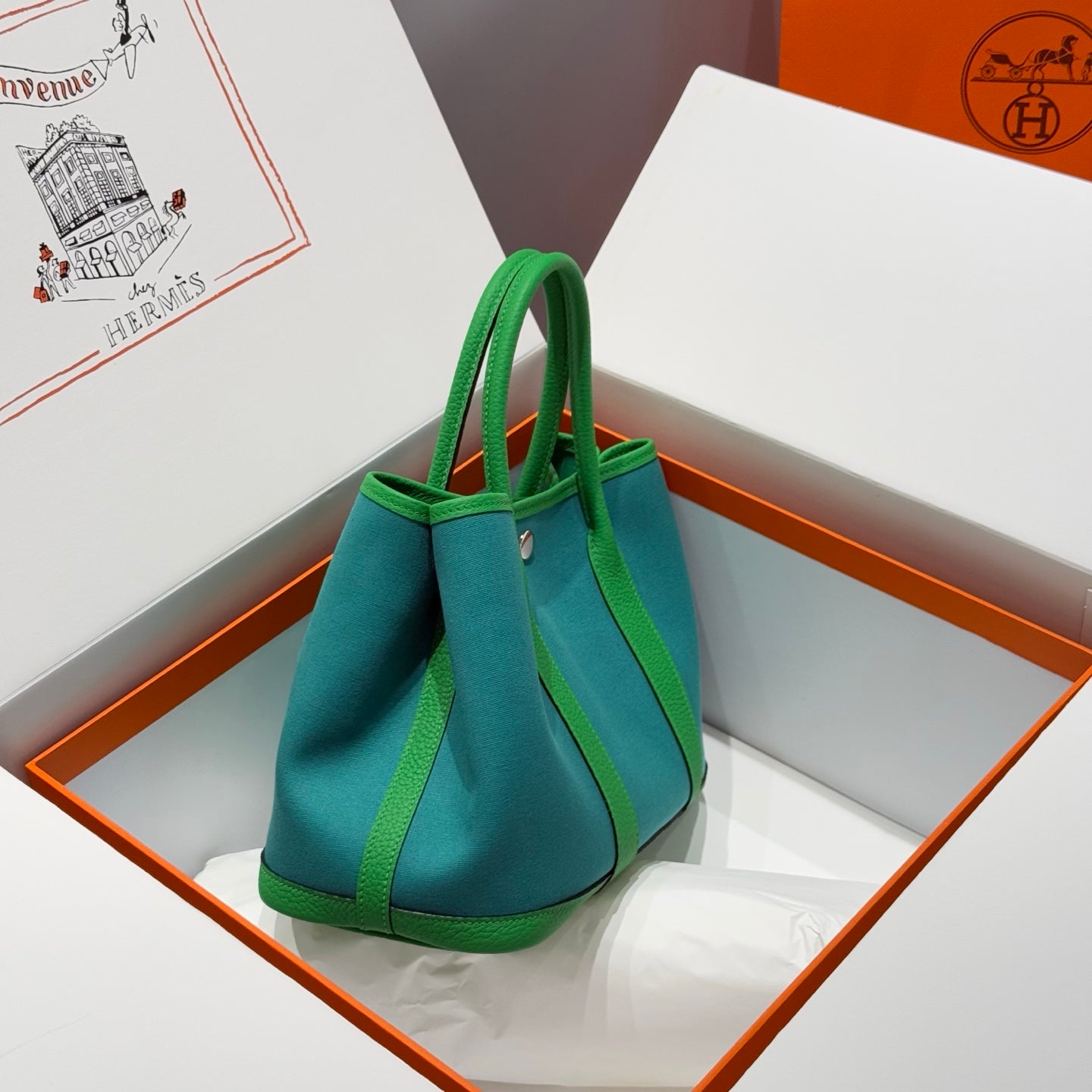 HM Garden Party 30cm Bag Green Togo Blue Canvas