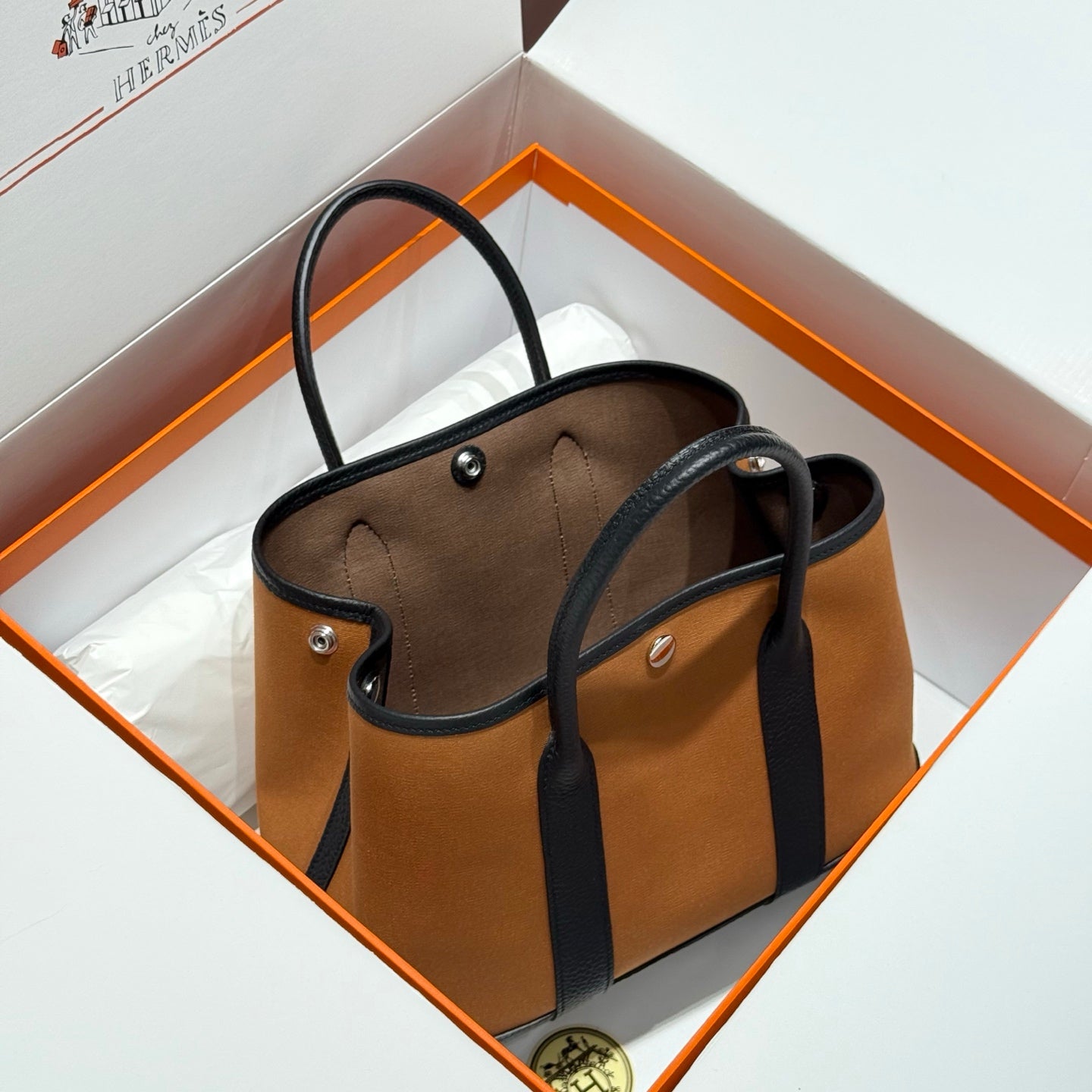 HM Garden Party 30cm Bag Black Togo Brown Canvas