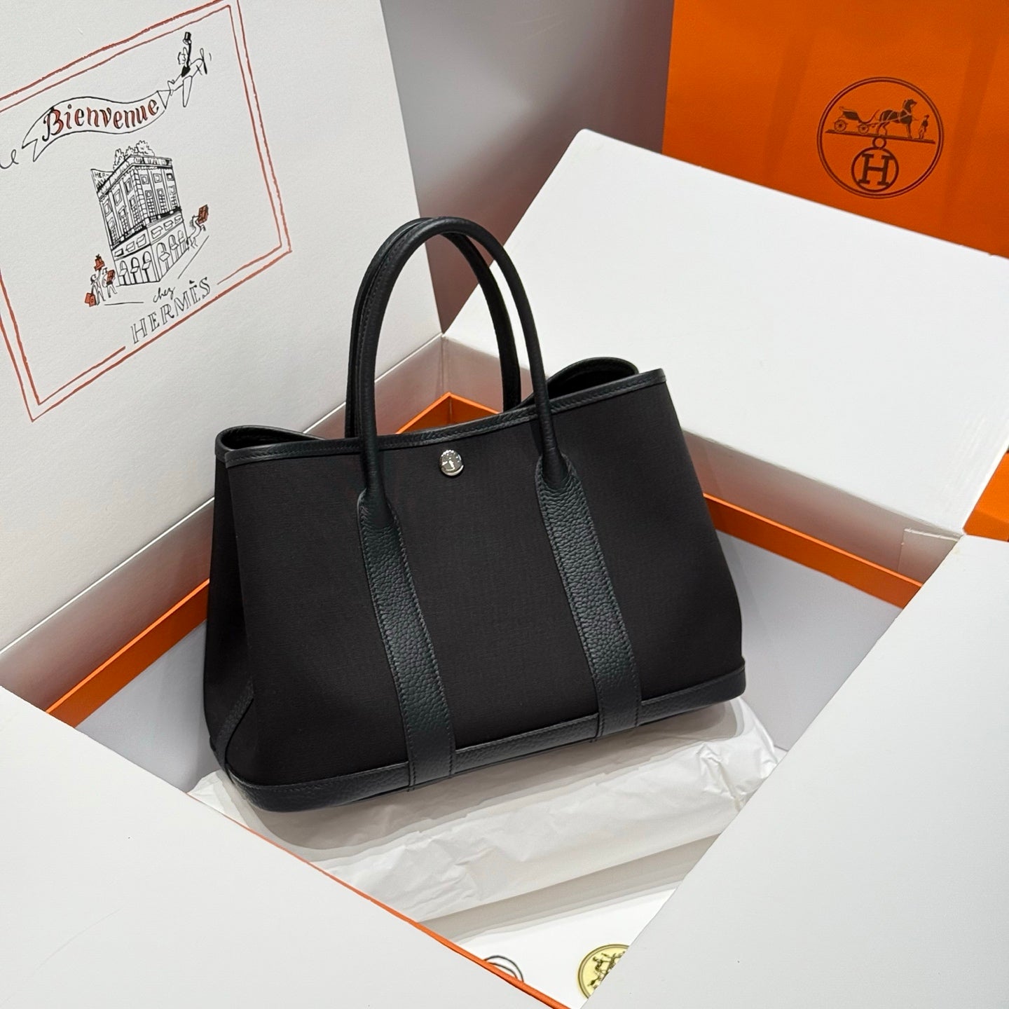 HM Garden Party 30cm Bag Black Togo Black Canvas