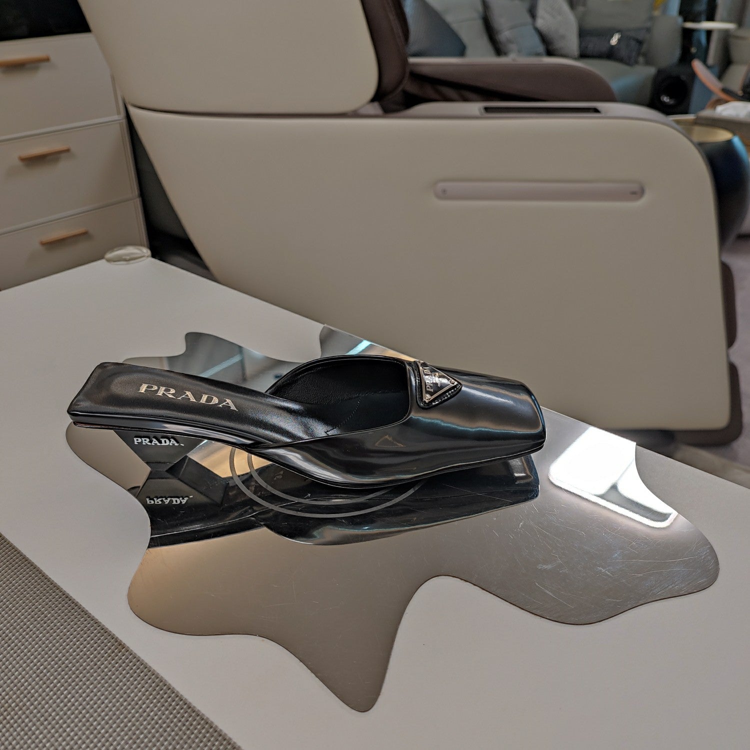 PRA SQUARE TOE MULES BLACK CALFSKIN WITH LOGO