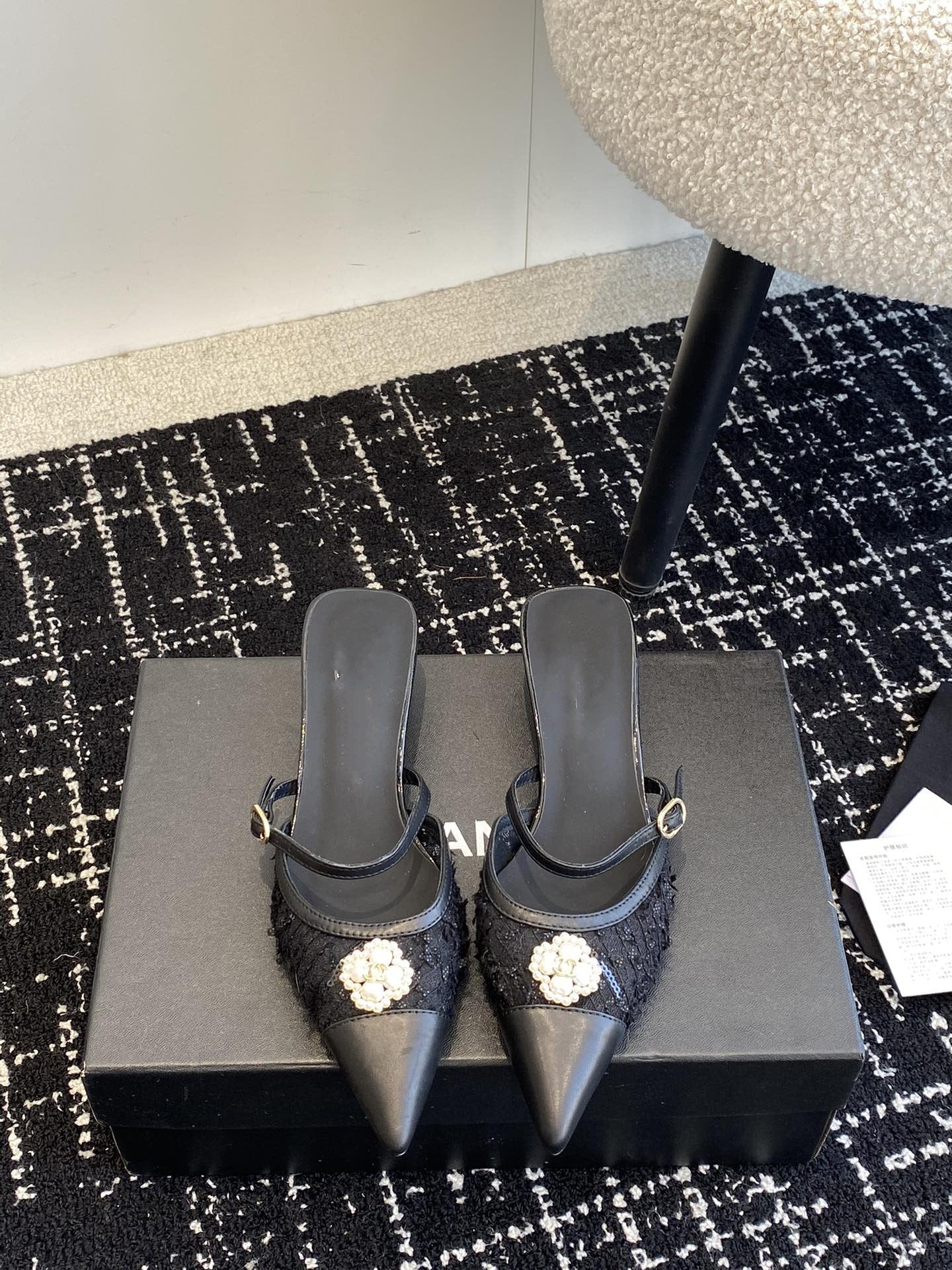 mule sandal black tweed lambskin
