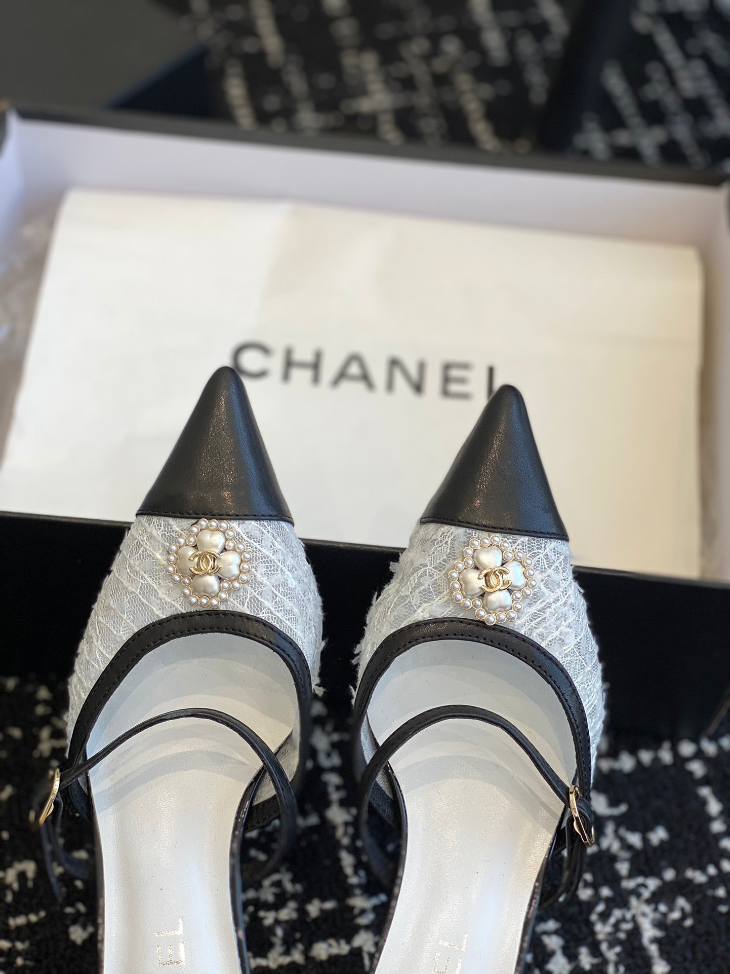 mule sandal white tweed black lambskin