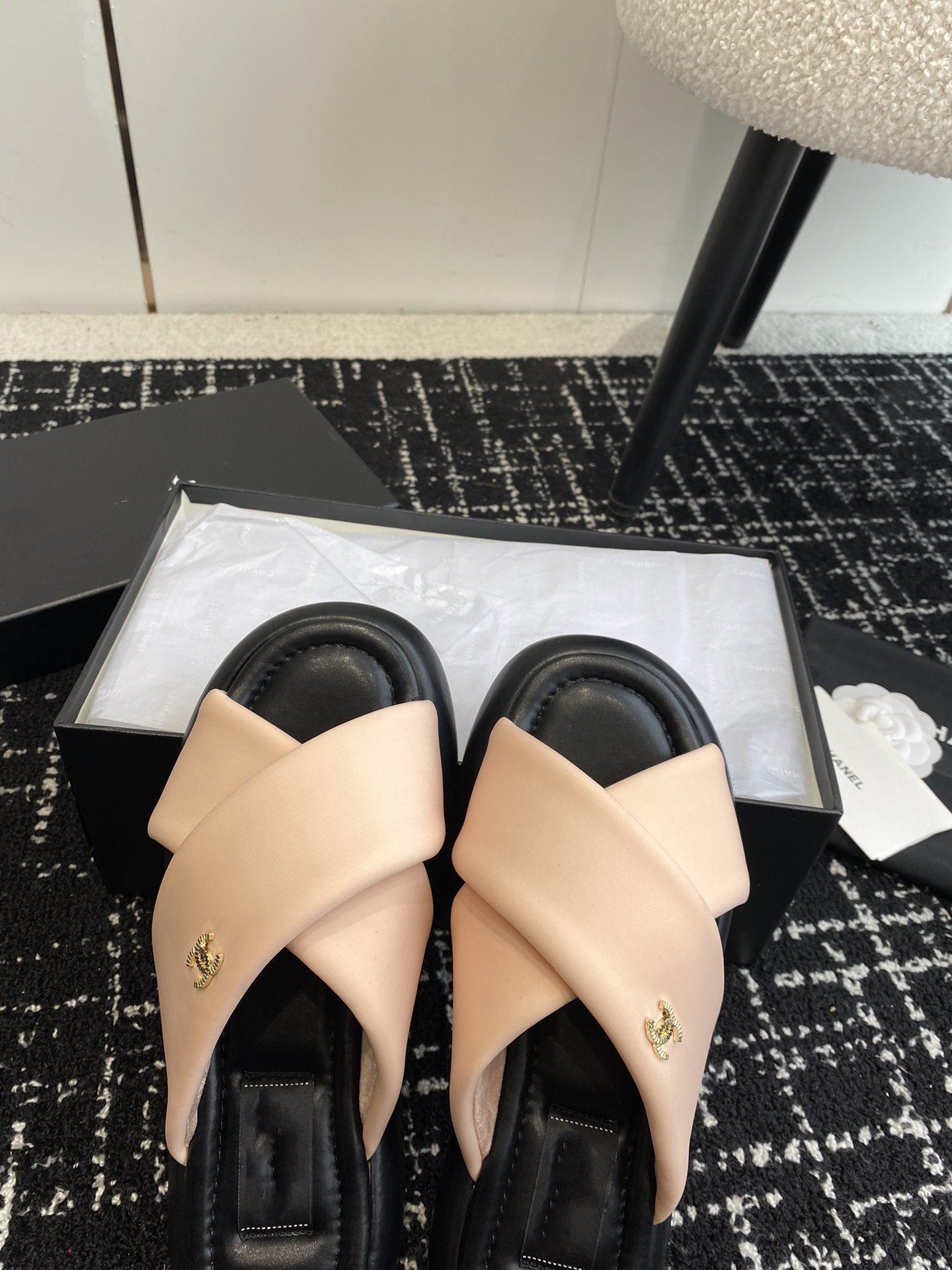 cross puffy slippers beige black lycra fabric