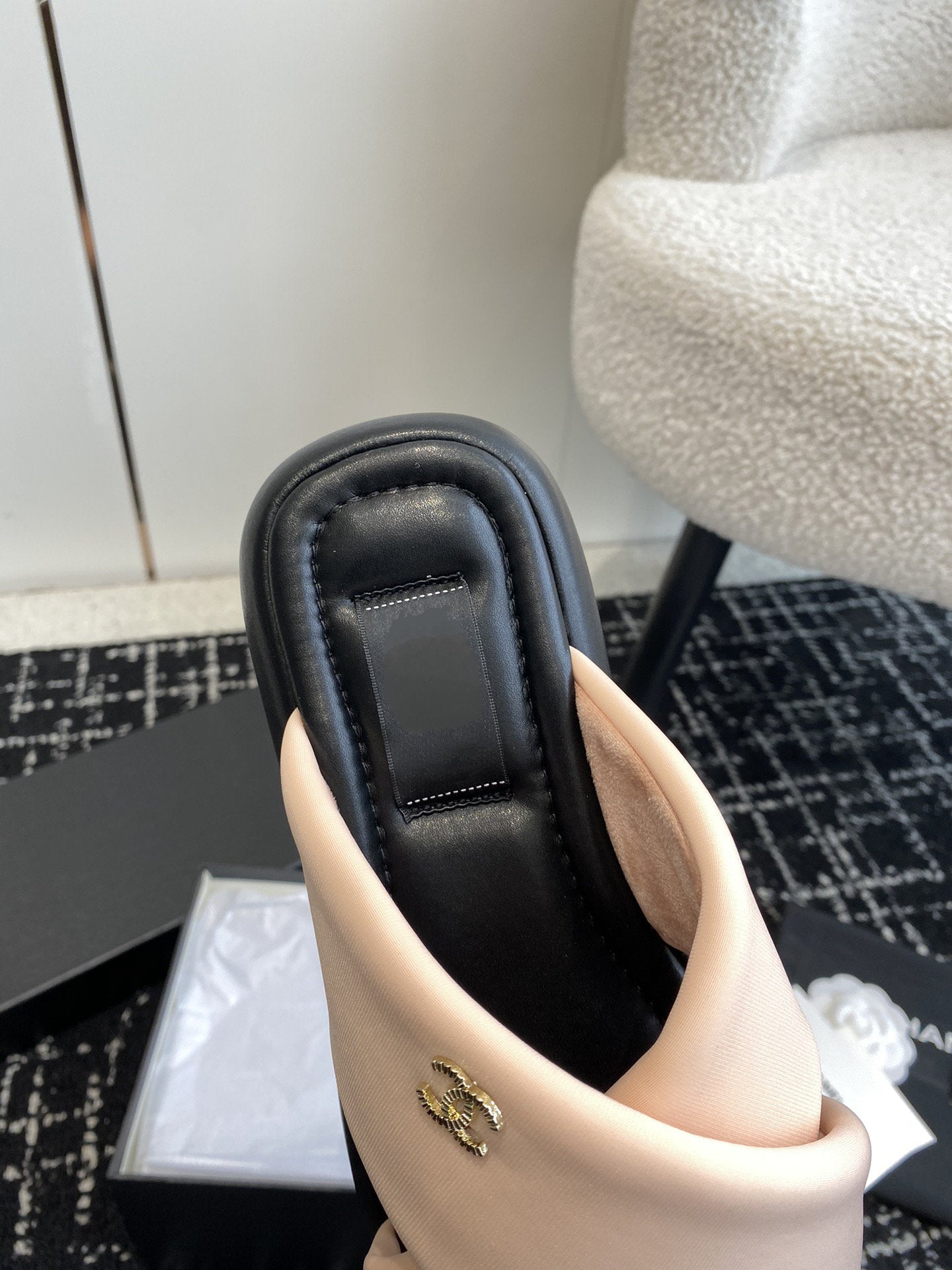 cross puffy slippers beige black lycra fabric