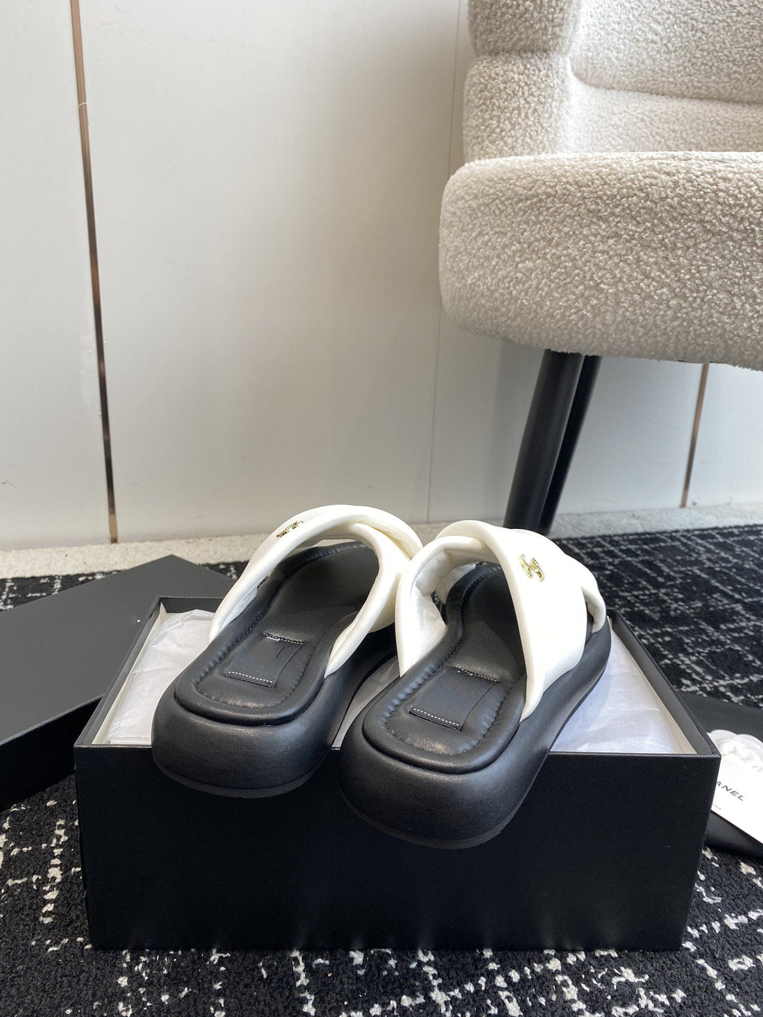 cross puffy slippers white black lycra fabric