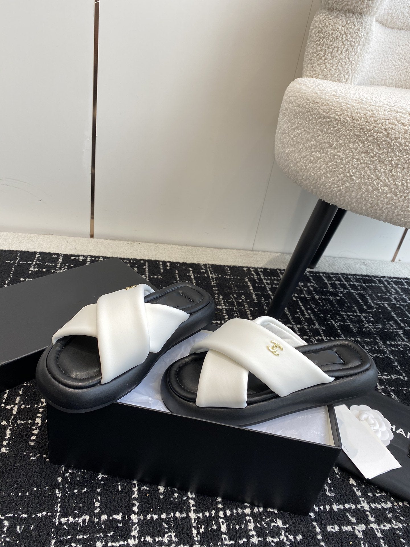 cross puffy slippers white black lycra fabric