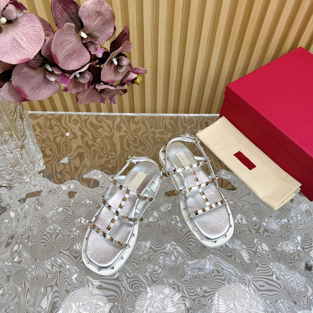 Rockstud M-Way Platform Sandal Grey Leather